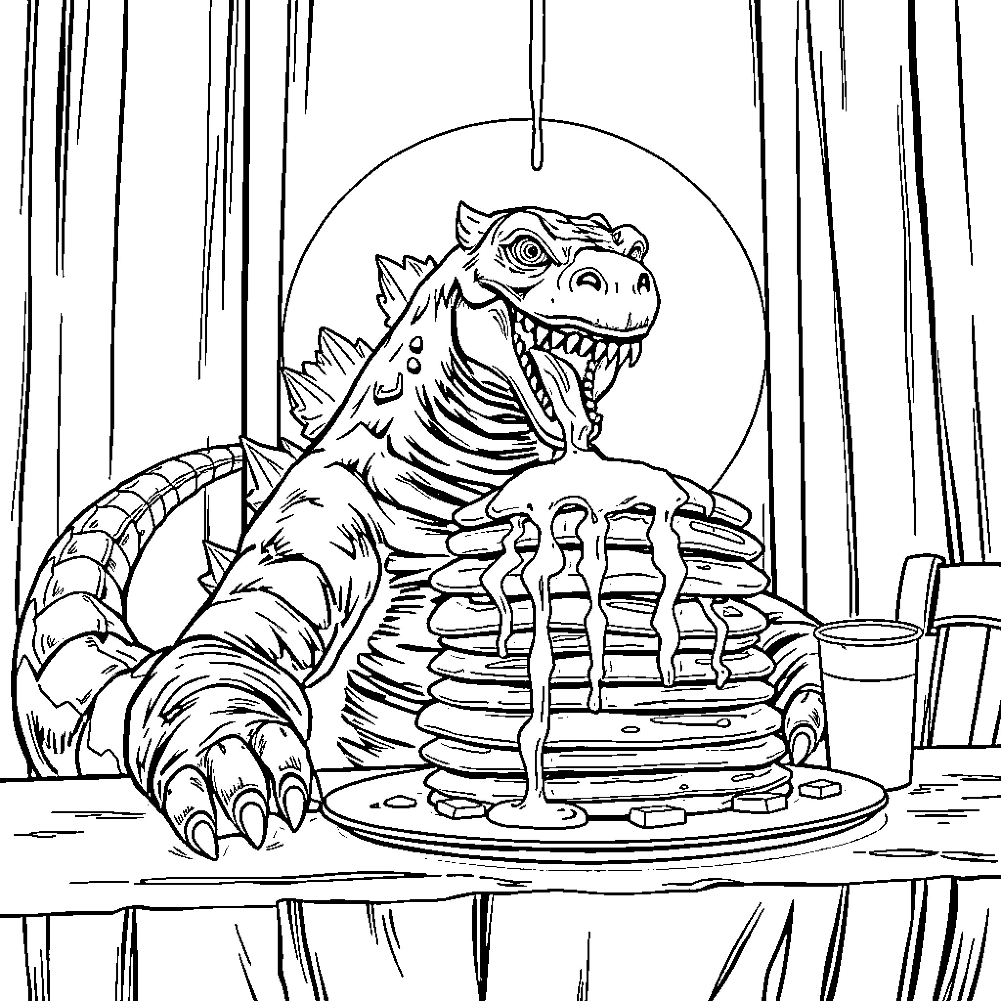 Godzilla enjoying a stack of pancakes Coloring Page (free black-and-white line drawing printable PDF for all, from beginners to advanced learners, including children, teens, adults, and seniors)