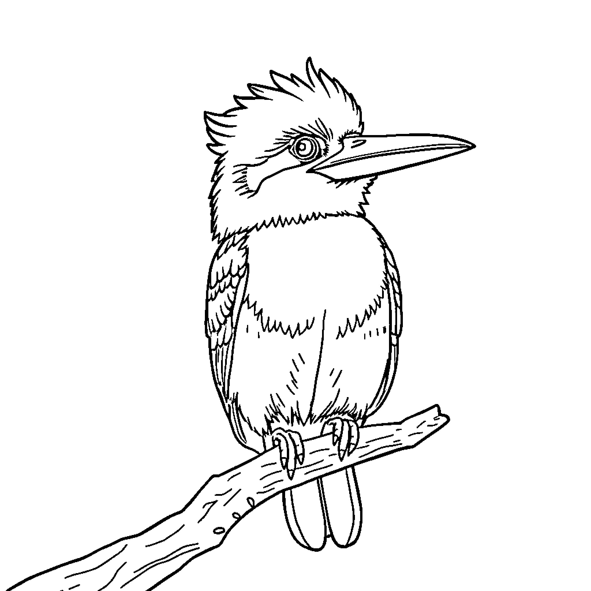 Kookaburra perched on a branch Coloring Page (free black-and-white line drawing printable PDF for all, from beginners to advanced learners, including children, teens, adults, and seniors)