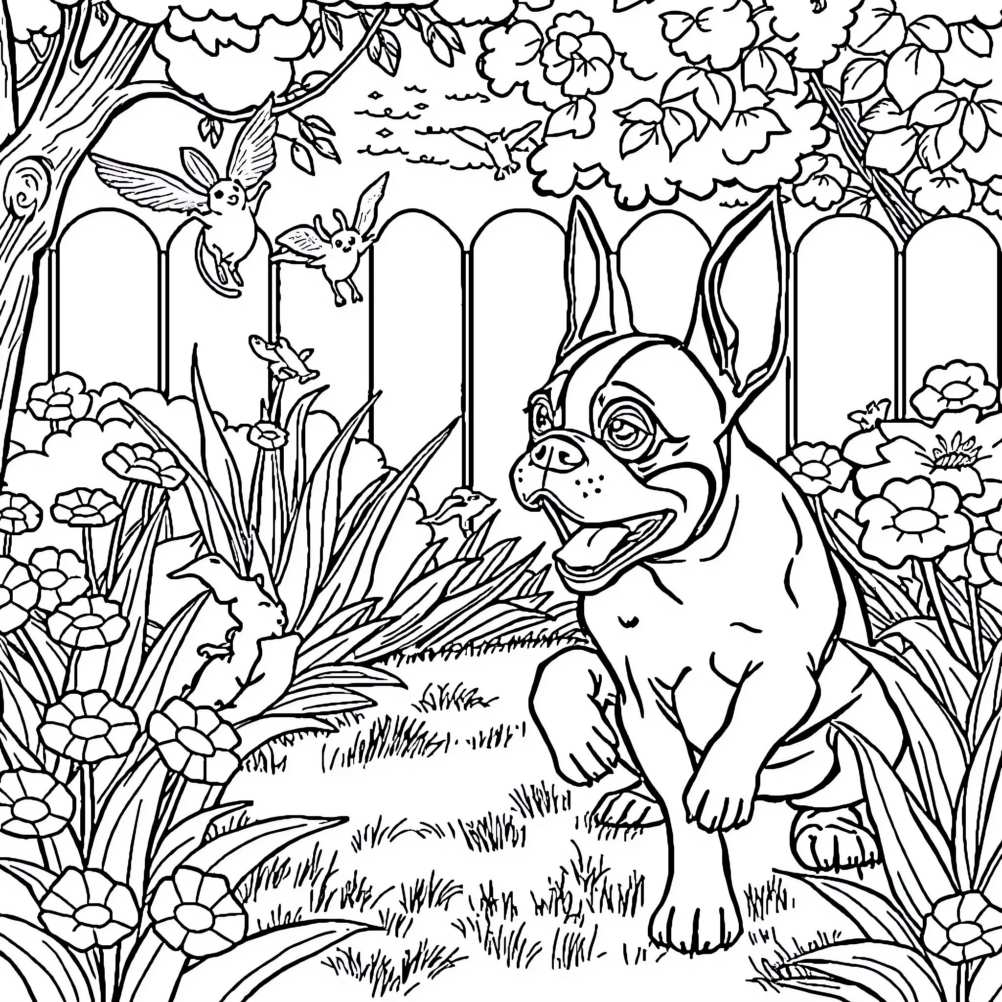 Dog enjoying nature in a colorful garden Coloring Page (free black-and-white line drawing printable PDF for all, from beginners to advanced learners, including children, teens, adults, and seniors)