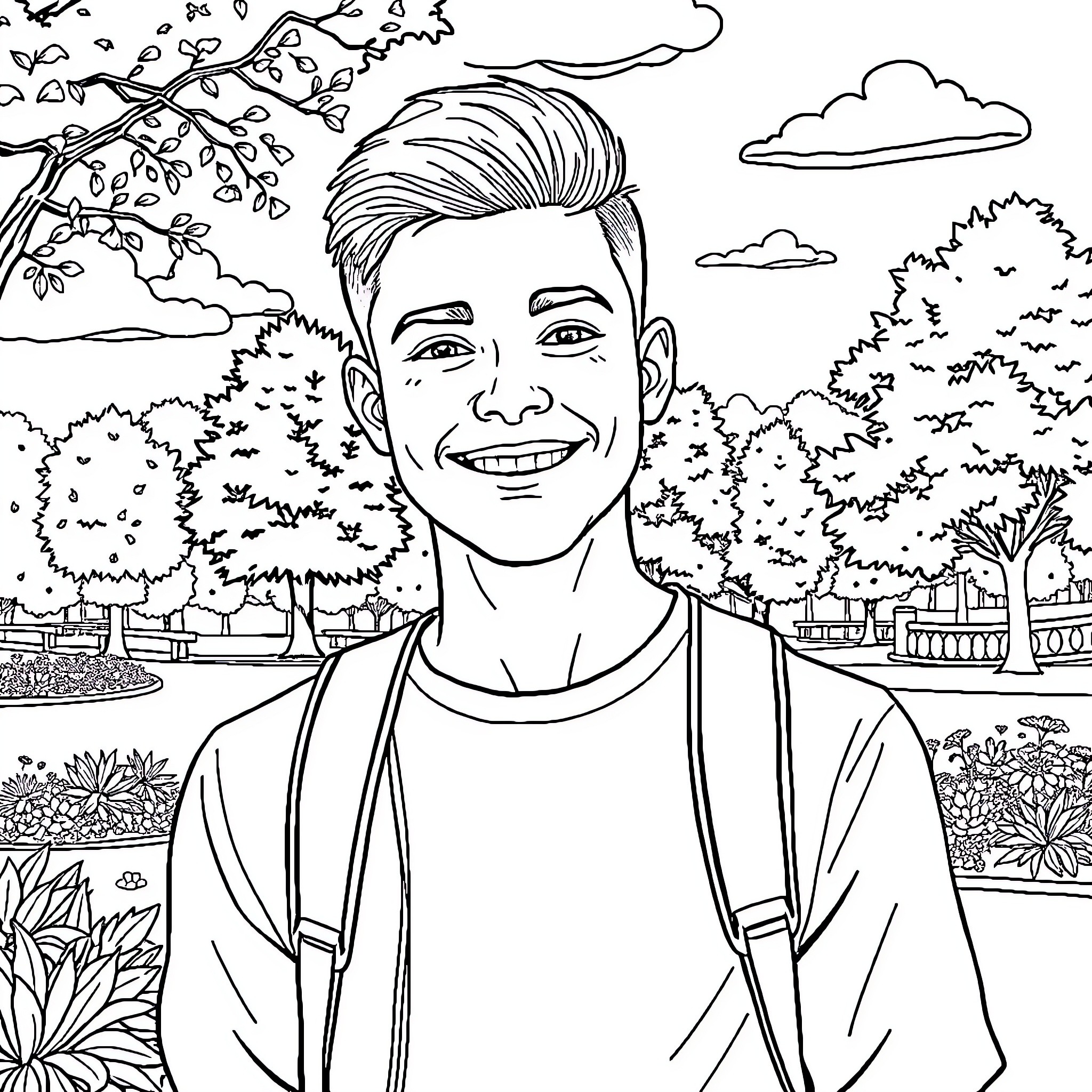 Martin's Joyful Outdoors Adventure Coloring Page (free black-and-white line drawing printable PDF for all, from beginners to advanced learners, including children, teens, adults, and seniors)