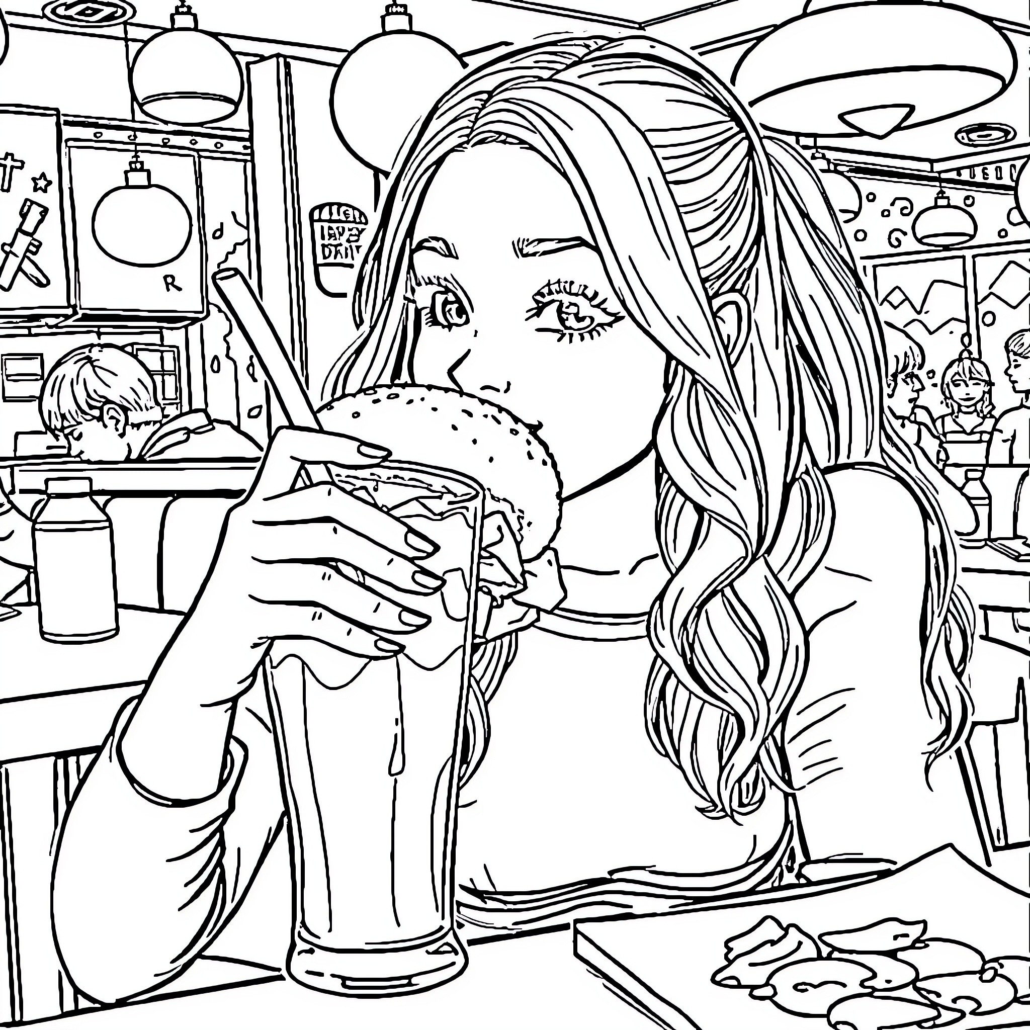 Lissa Enjoying a Refreshing Beverage Coloring Page (free black-and-white line drawing printable PDF for all, from beginners to advanced learners, including children, teens, adults, and seniors)