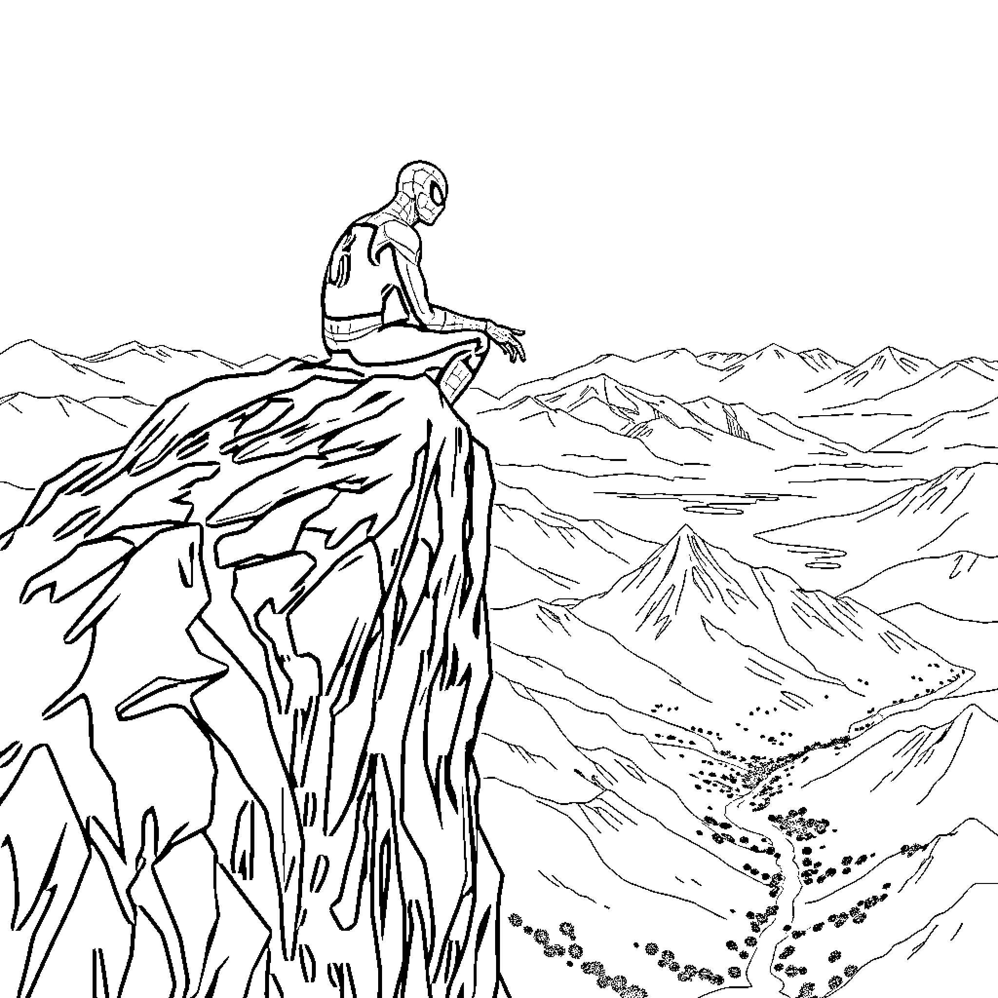 Spiderman overlooking rocky mountain landscape Coloring Page (free black-and-white line drawing printable PDF for all, from beginners to advanced learners, including children, teens, adults, and seniors)