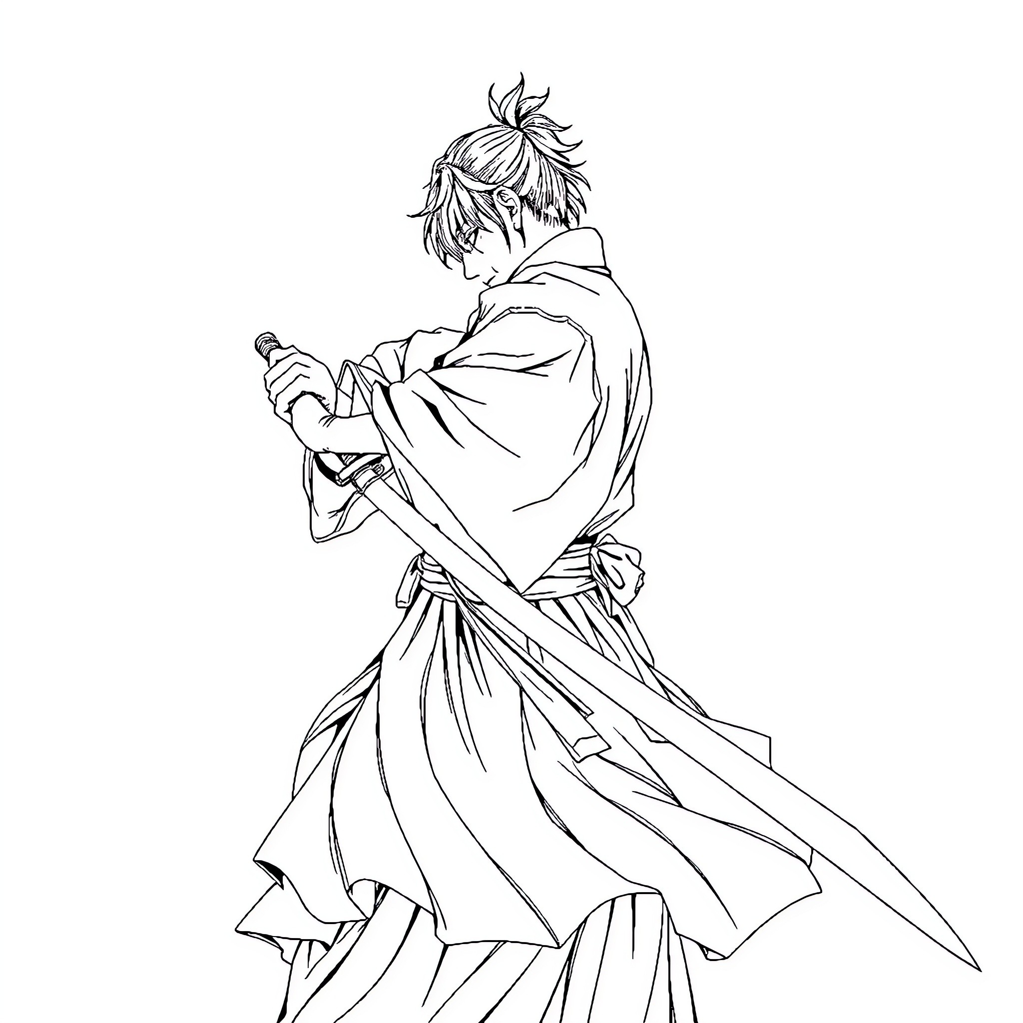 Yoriichi in Sword Combat Stance Coloring Page (free black-and-white line drawing printable PDF for all, from beginners to advanced learners, including children, teens, adults, and seniors)