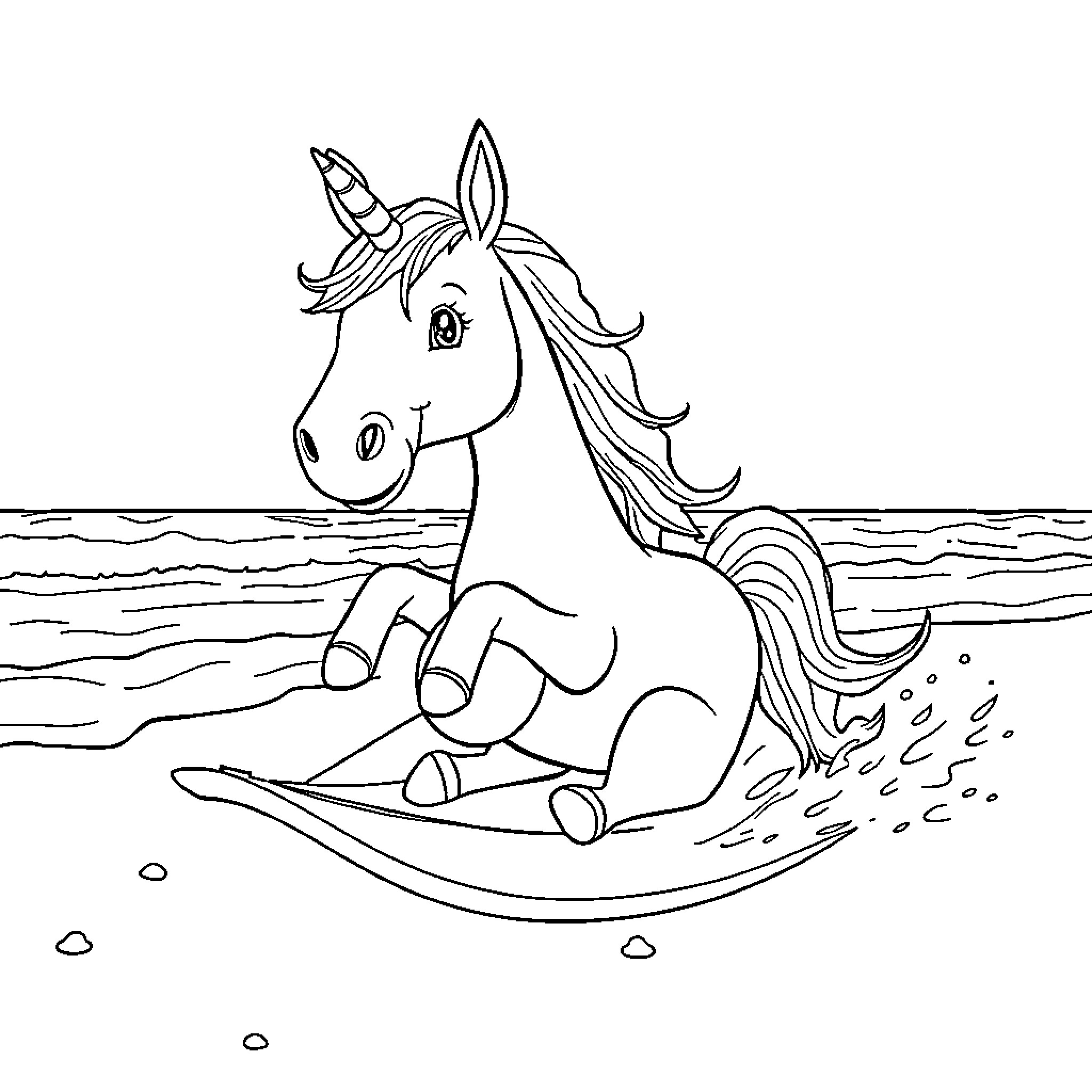 Car unicorn surfing on the beach Coloring Page (free black-and-white line drawing printable PDF for all, from beginners to advanced learners, including children, teens, adults, and seniors)