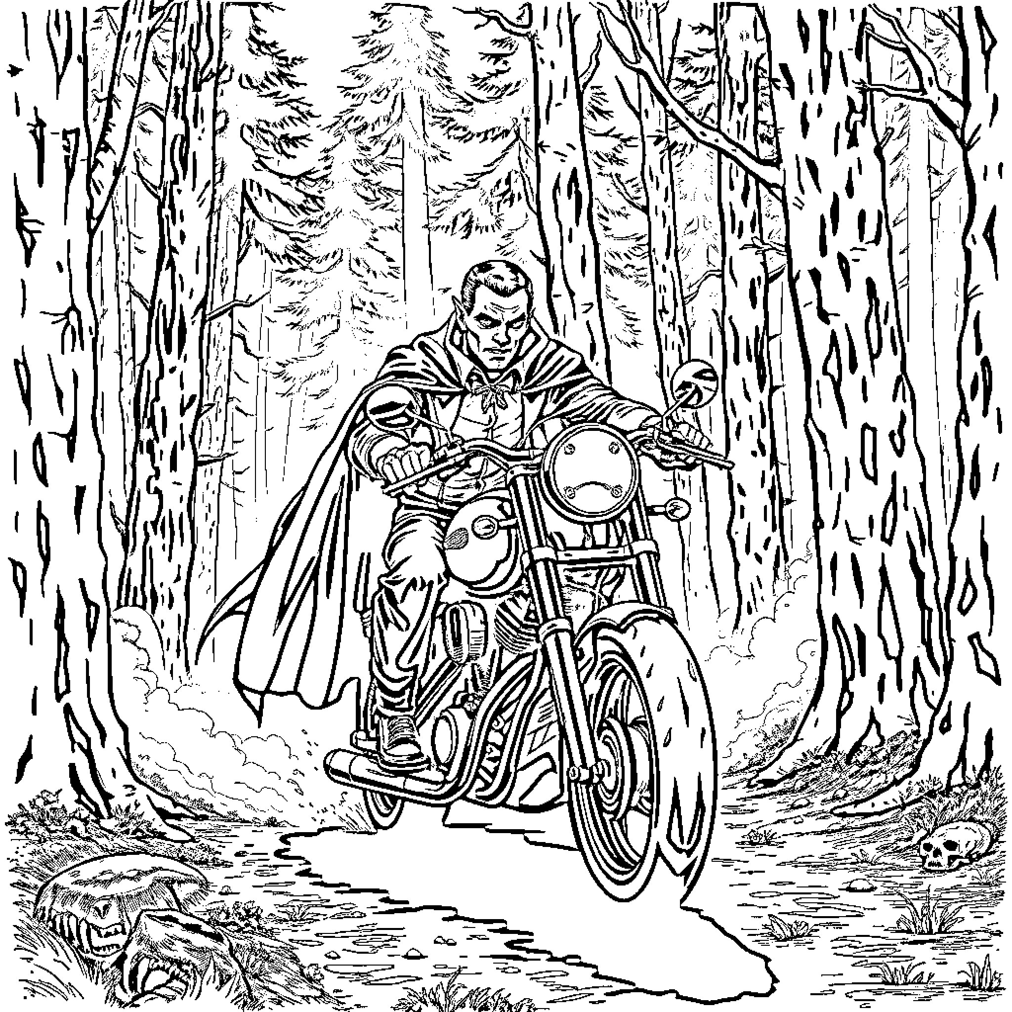 Vampire Riding a Motorcycle through the Haunted Forest Coloring Page (free black-and-white line drawing printable PDF for all, from beginners to advanced learners, including children, teens, adults, and seniors)