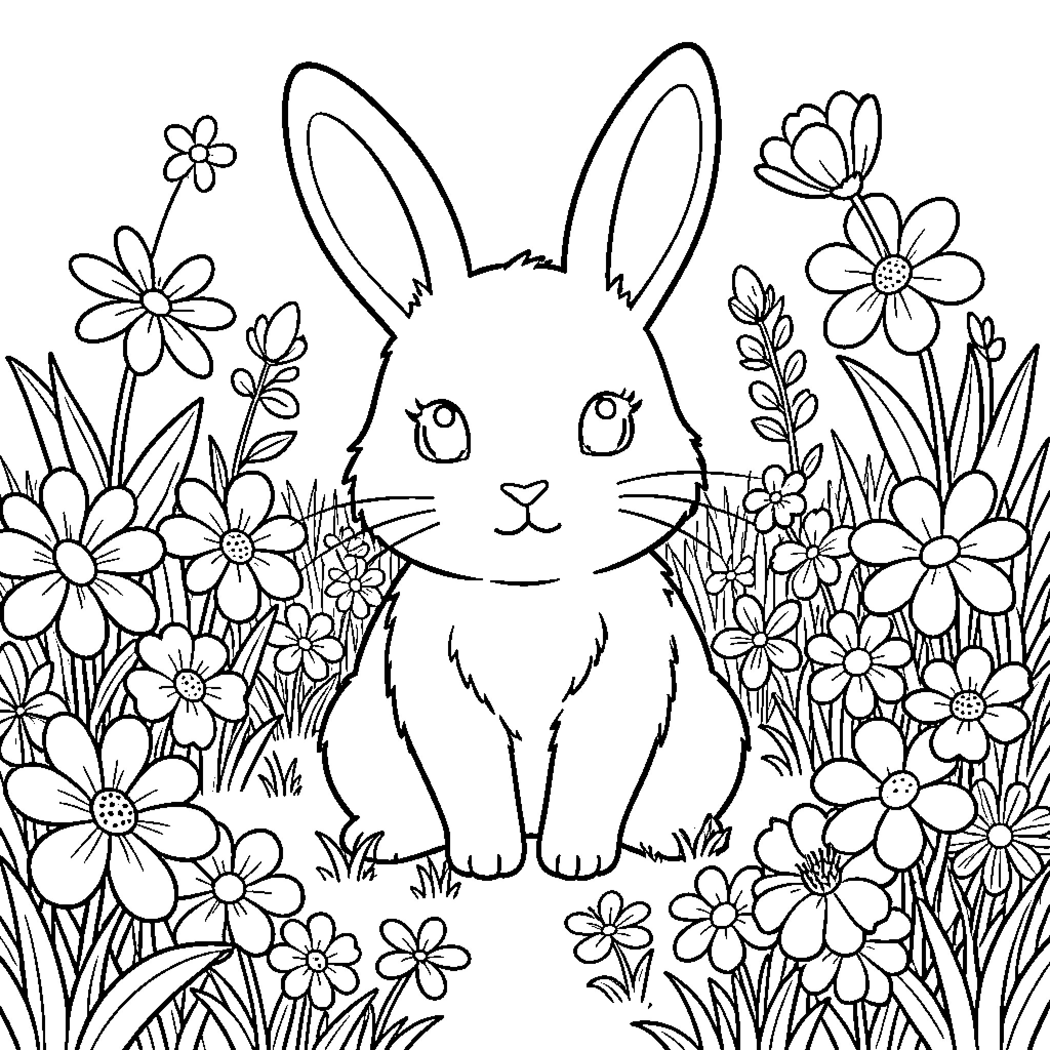 Bunny surrounded by blooming flowers Coloring Page (free black-and-white line drawing printable PDF for all, from beginners to advanced learners, including children, teens, adults, and seniors)