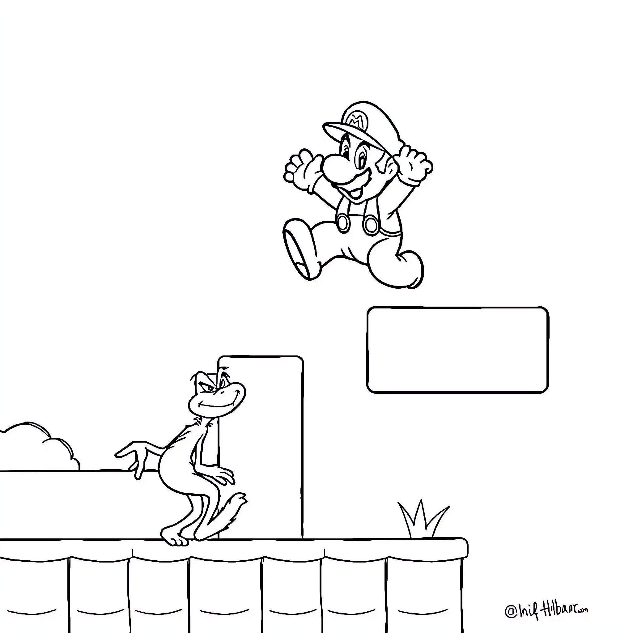 Super Mario jumping over obstacles in a game scene Coloring Page (free black-and-white line drawing printable PDF for all, from beginners to advanced learners, including children, teens, adults, and seniors)