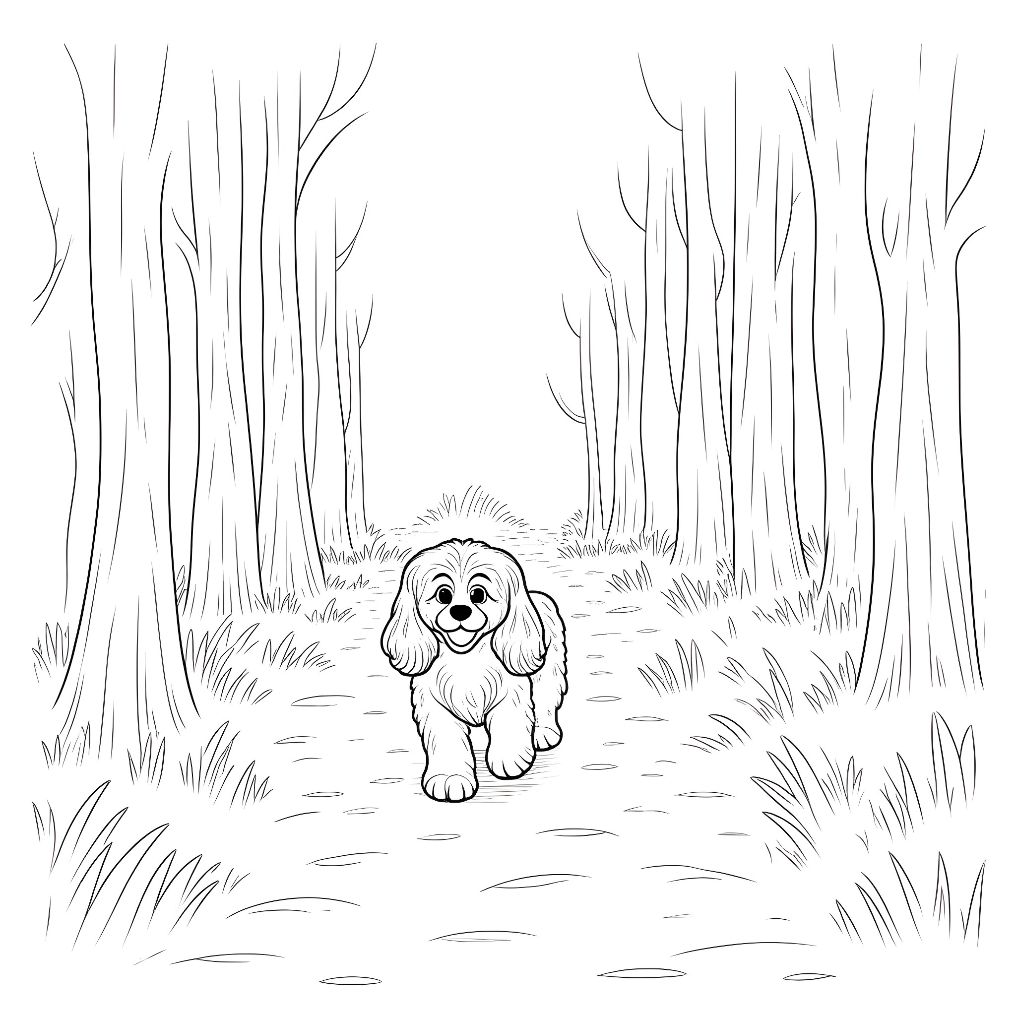 Cocker Spaniel puppy exploring the forest Coloring Page (free black-and-white line drawing printable PDF for all, from beginners to advanced learners, including children, teens, adults, and seniors)