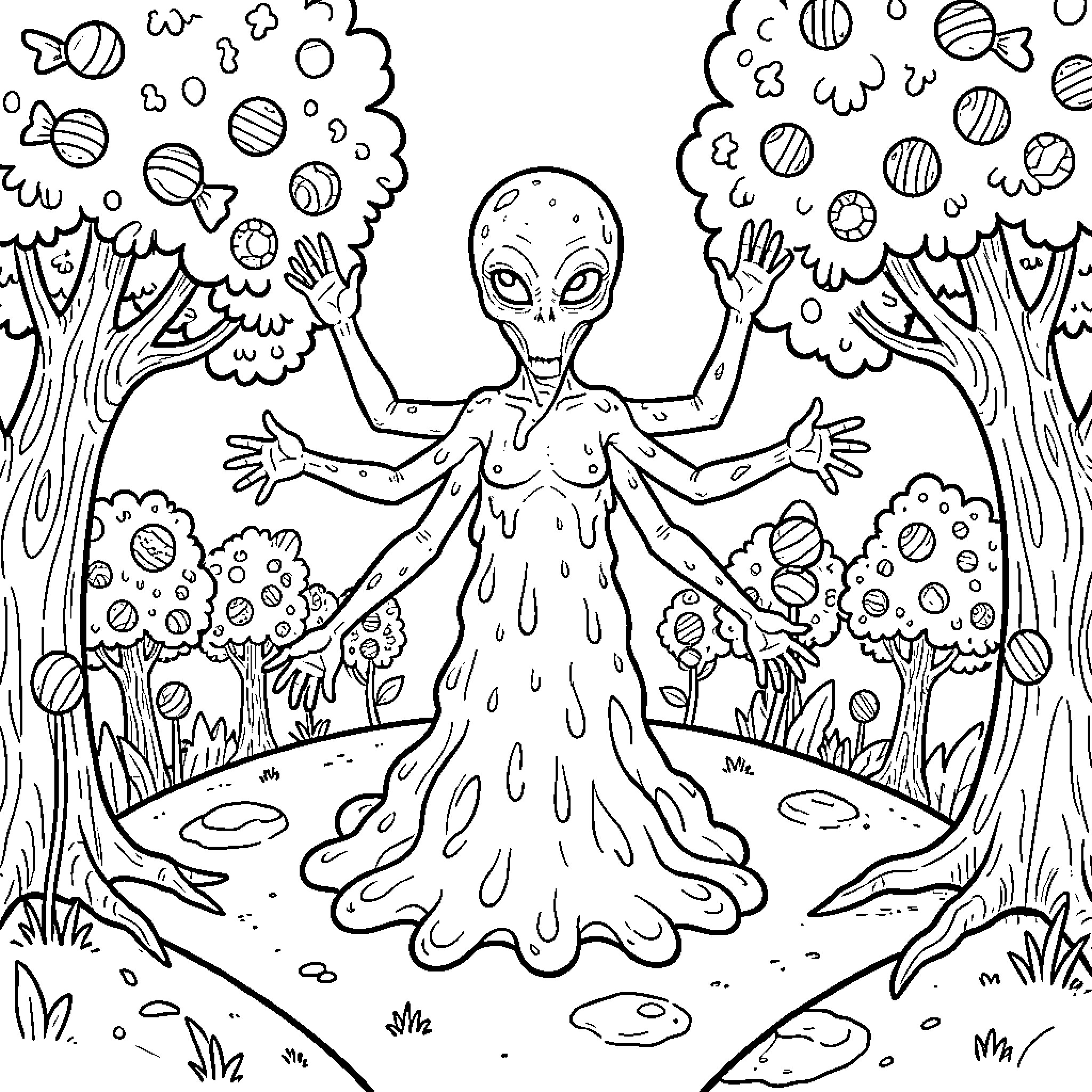 Extraterrestrial Being Meditating in Enchanted Forest Coloring Page (free black-and-white line drawing printable PDF for all, from beginners to advanced learners, including children, teens, adults, and seniors)