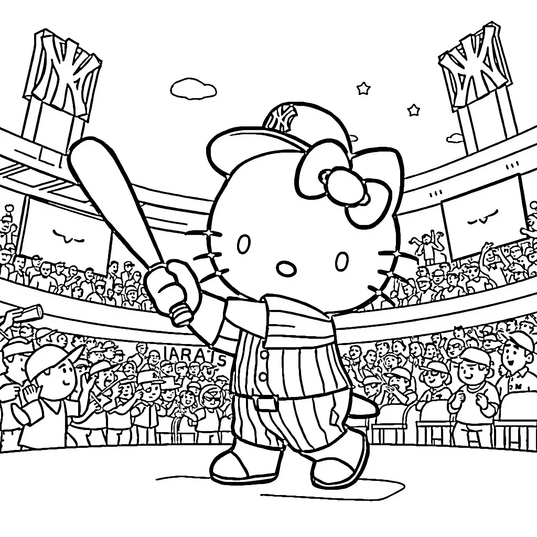 Hello Kitty at a baseball stadium Coloring Page (free black-and-white line drawing printable PDF for all, from beginners to advanced learners, including children, teens, adults, and seniors)