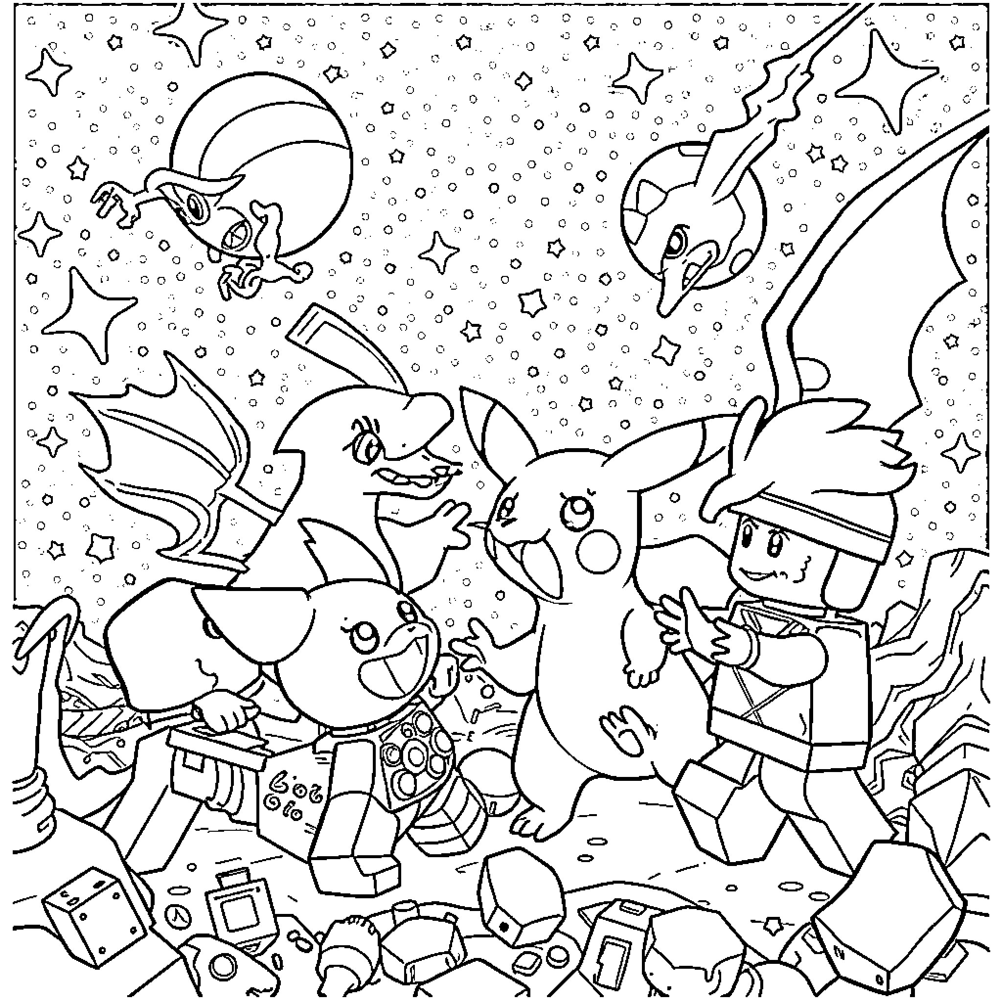 Pokémon characters in a whimsical space adventure Coloring Page (free black-and-white line drawing printable PDF for all, from beginners to advanced learners, including children, teens, adults, and seniors)