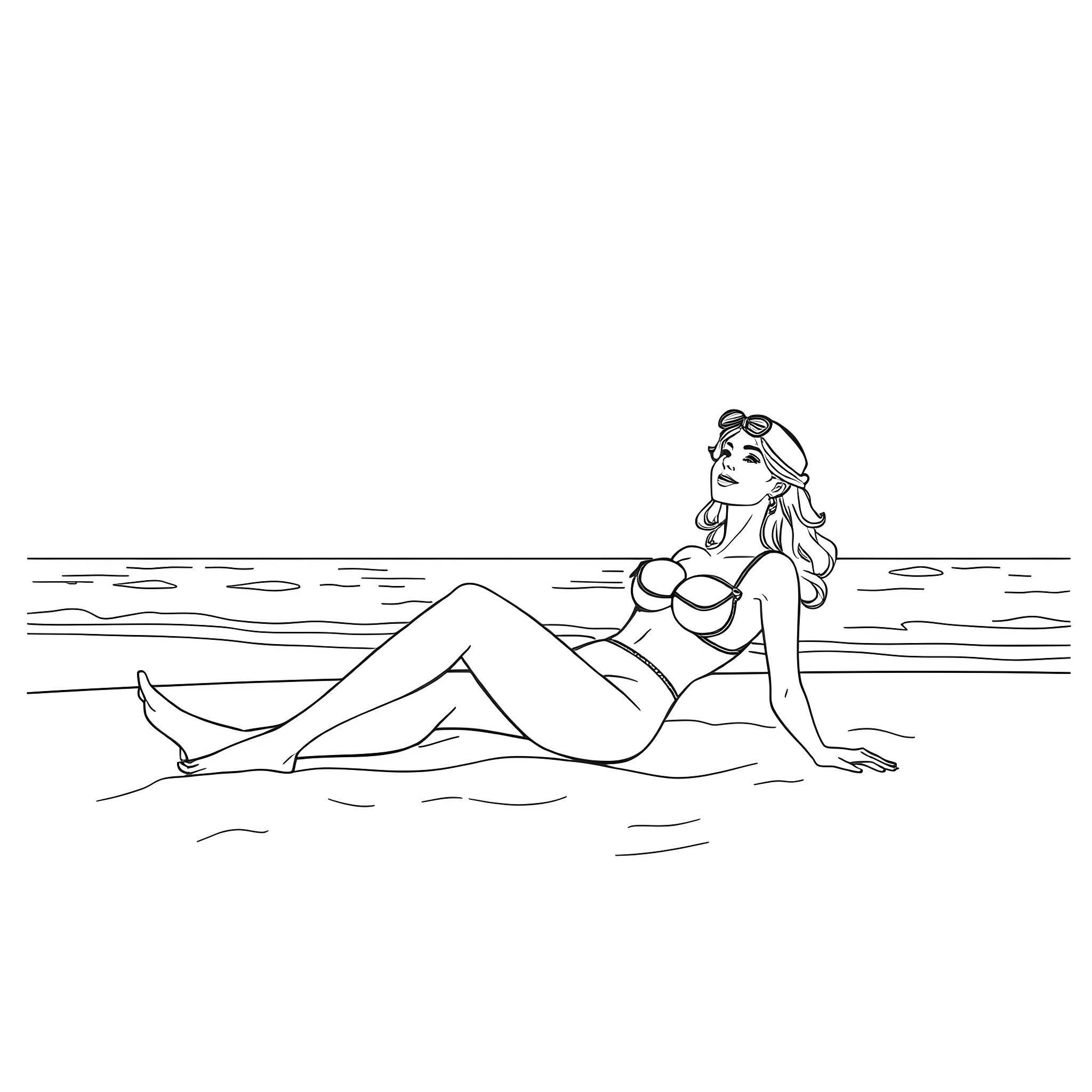 Lady relaxing on the beach Coloring Page (free black-and-white line drawing printable PDF for all, from beginners to advanced learners, including children, teens, adults, and seniors)