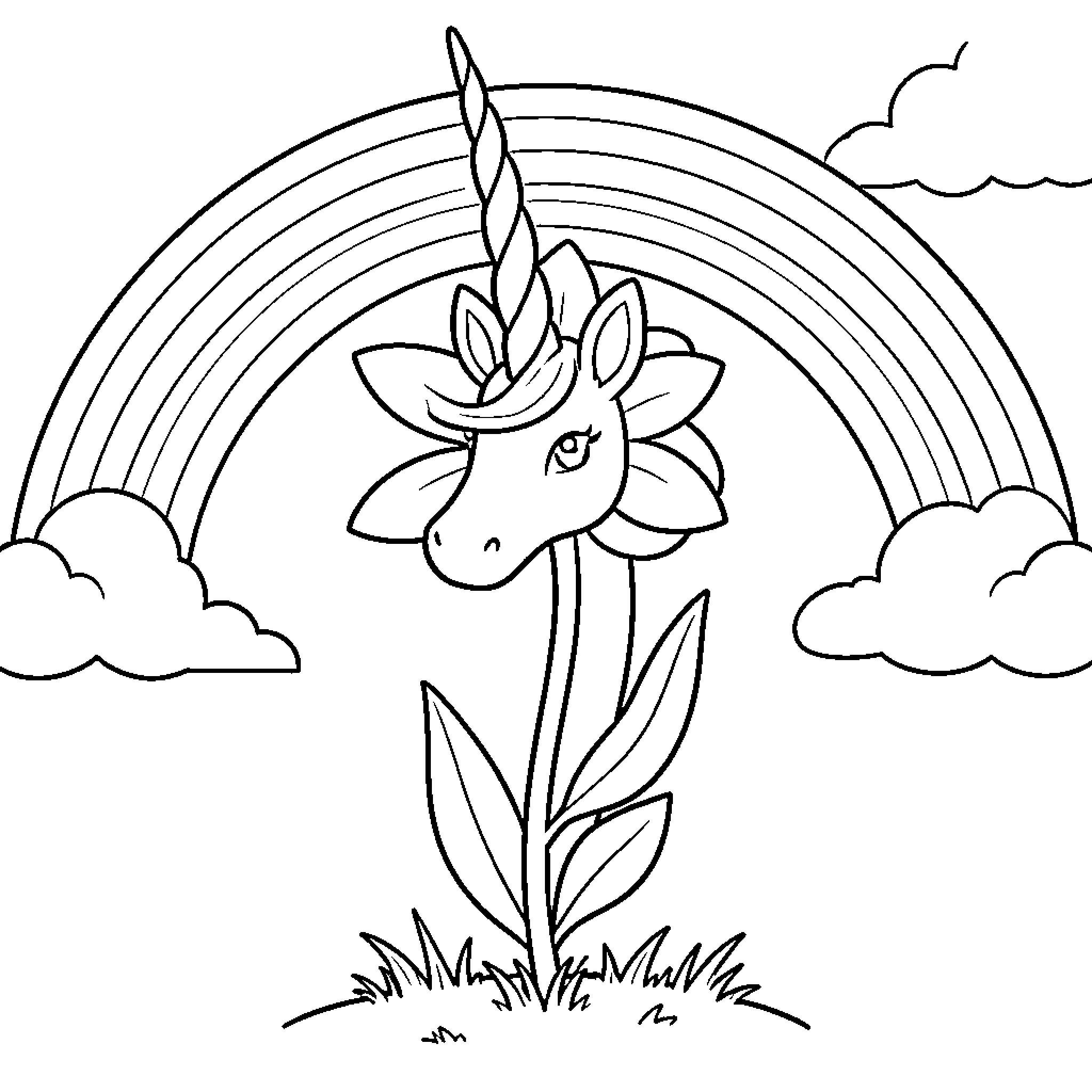 Unicorn peering out from a large flower Coloring Page (free black-and-white line drawing printable PDF for all, from beginners to advanced learners, including children, teens, adults, and seniors)