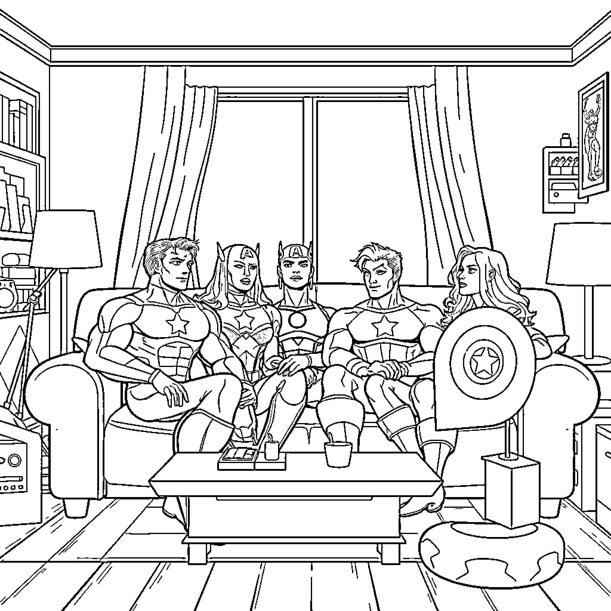 Avengers Assemble: Heroes at Ease in Their Lair Coloring Page (free black-and-white line drawing printable PDF for all, from beginners to advanced learners, including children, teens, adults, and seniors)