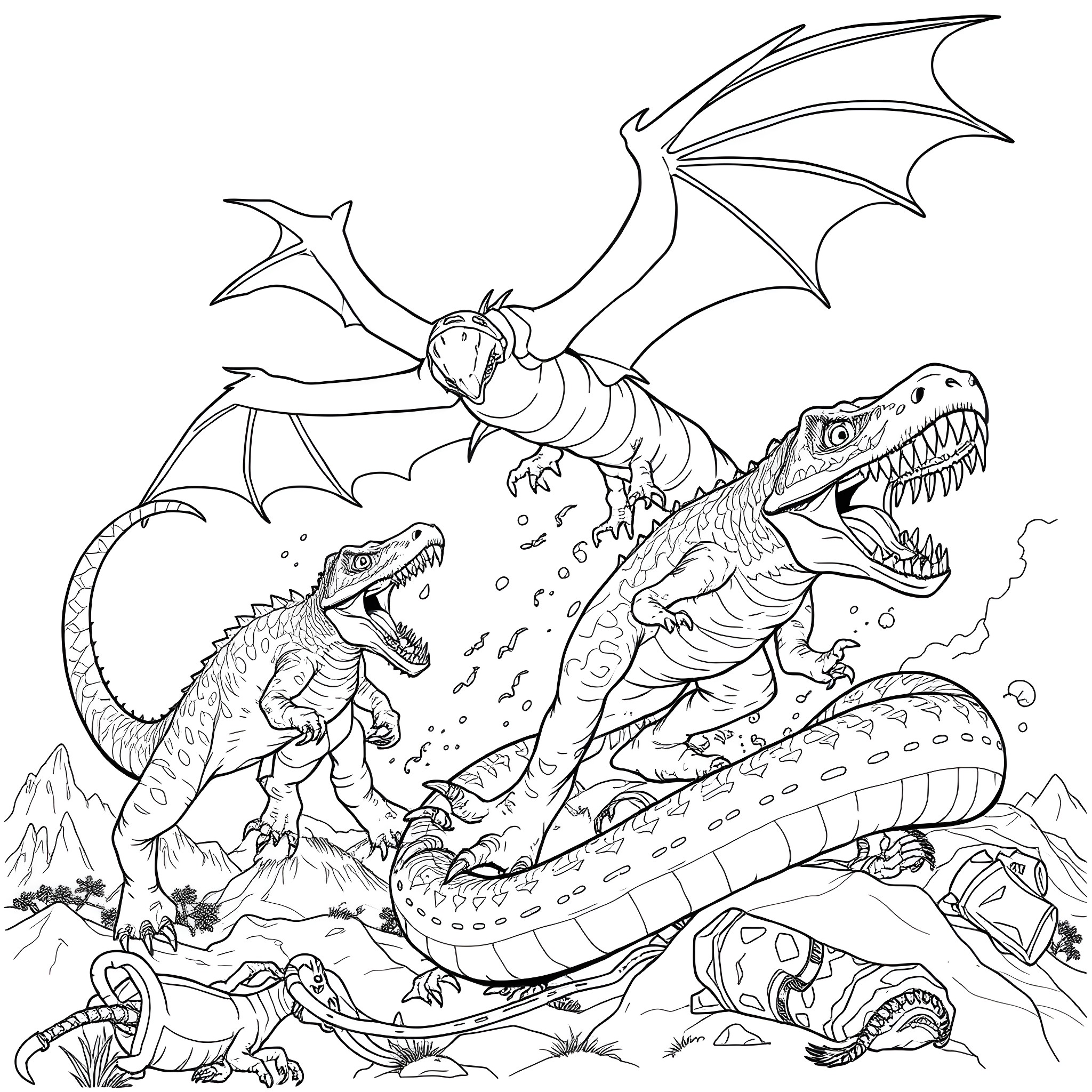 Pokémon Creatures in Epic Battle Scene Coloring Page (free black-and-white line drawing printable PDF for all, from beginners to advanced learners, including children, teens, adults, and seniors)