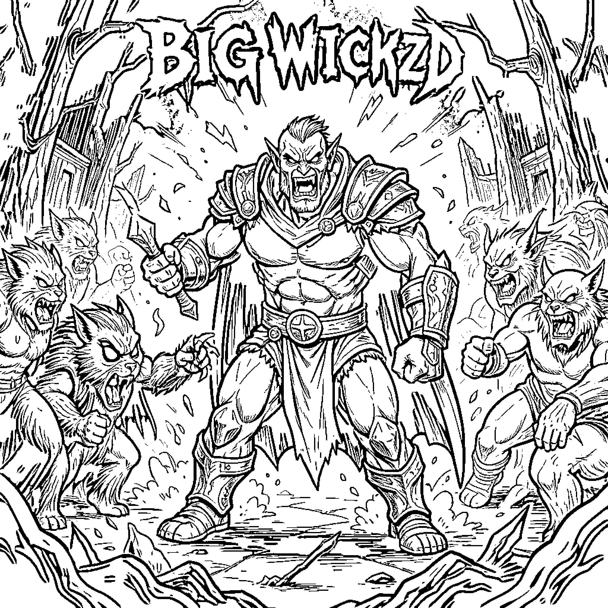 Wickzd muscular warrior surrounded by aggressive creatures Coloring Page (free black-and-white line drawing printable PDF for all, from beginners to advanced learners, including children, teens, adults, and seniors)