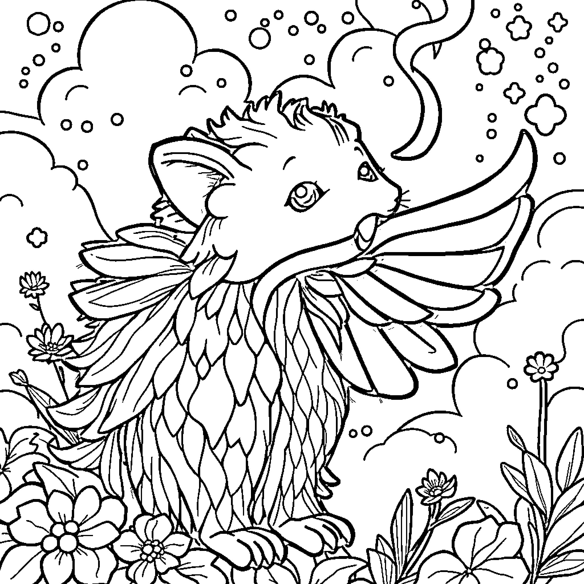 Wizzify Magical Fairy Cat in Floral Dream Coloring Page (free black-and-white line drawing printable PDF for all, from beginners to advanced learners, including children, teens, adults, and seniors)