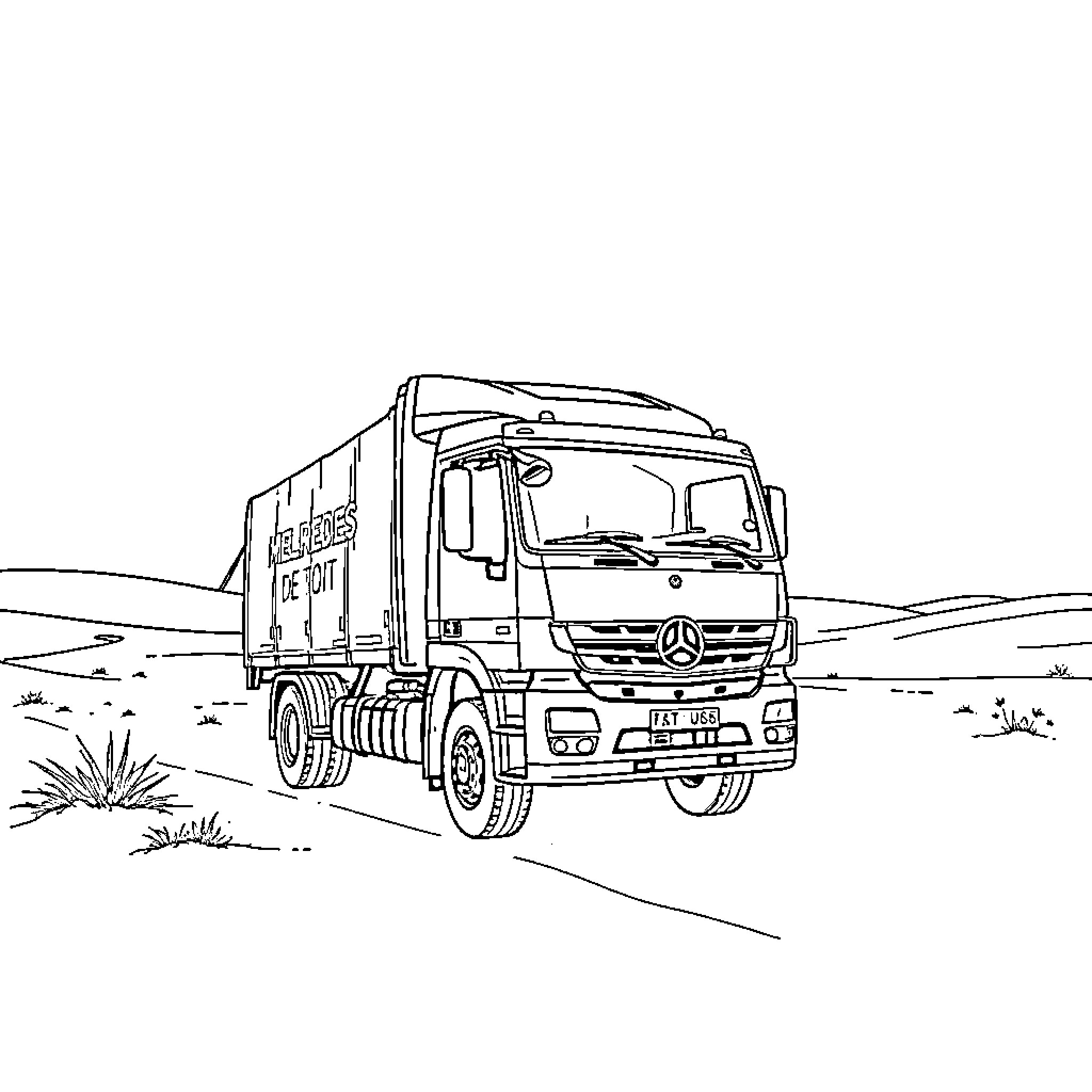 Camionette delivering cargo on rural road Coloring Page (free black-and-white line drawing printable PDF for all, from beginners to advanced learners, including children, teens, adults, and seniors)