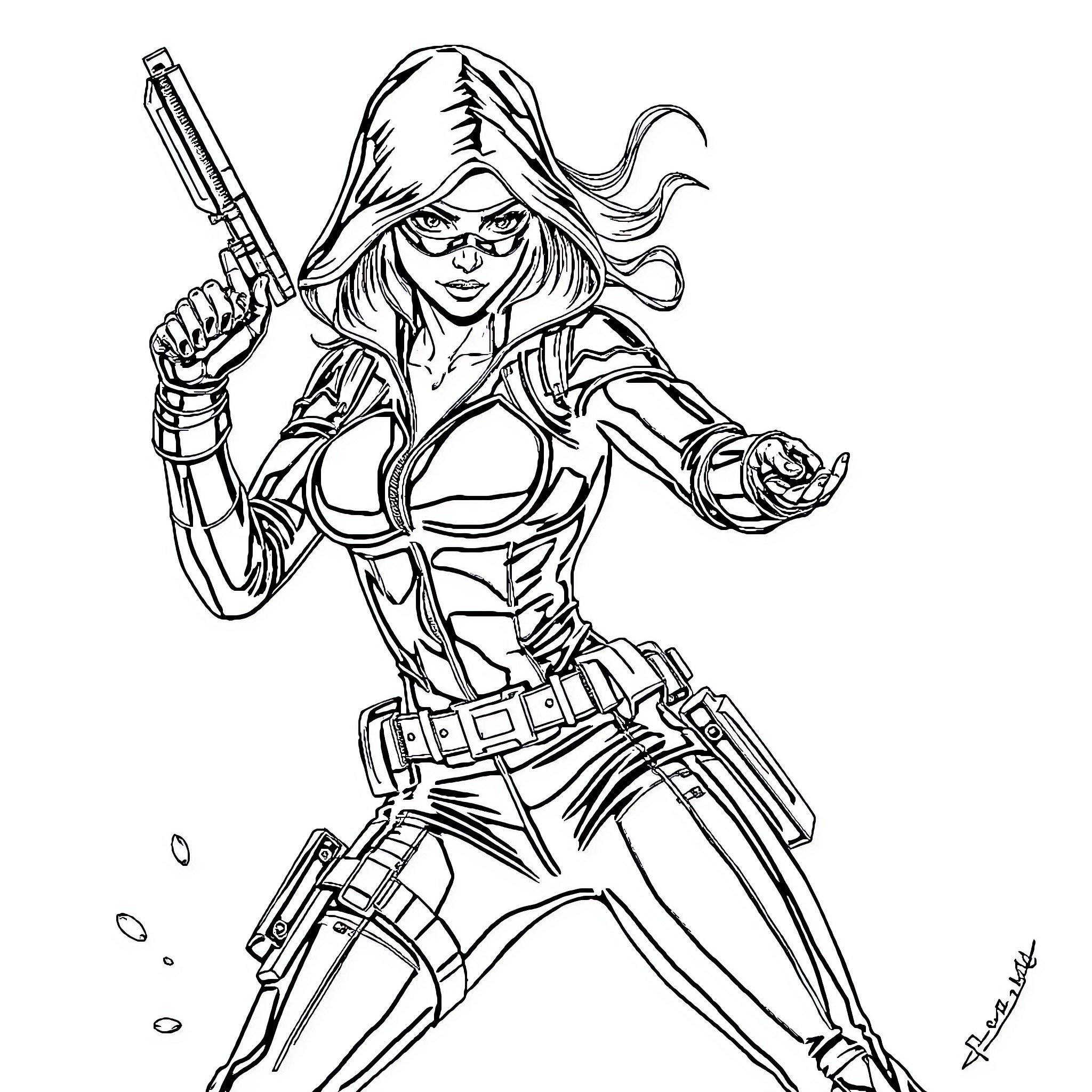 Black Widow in action with weapons and gear Coloring Page (free black-and-white line drawing printable PDF for all, from beginners to advanced learners, including children, teens, adults, and seniors)