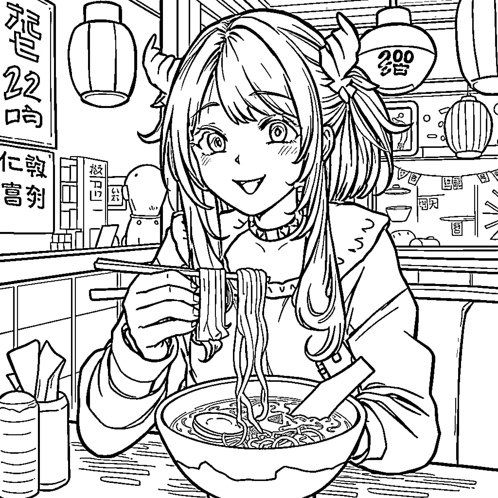 Zoë's Delight: Anime-Inspired Dining Experience Coloring Page (free black-and-white line drawing printable PDF for all, from beginners to advanced learners, including children, teens, adults, and seniors)