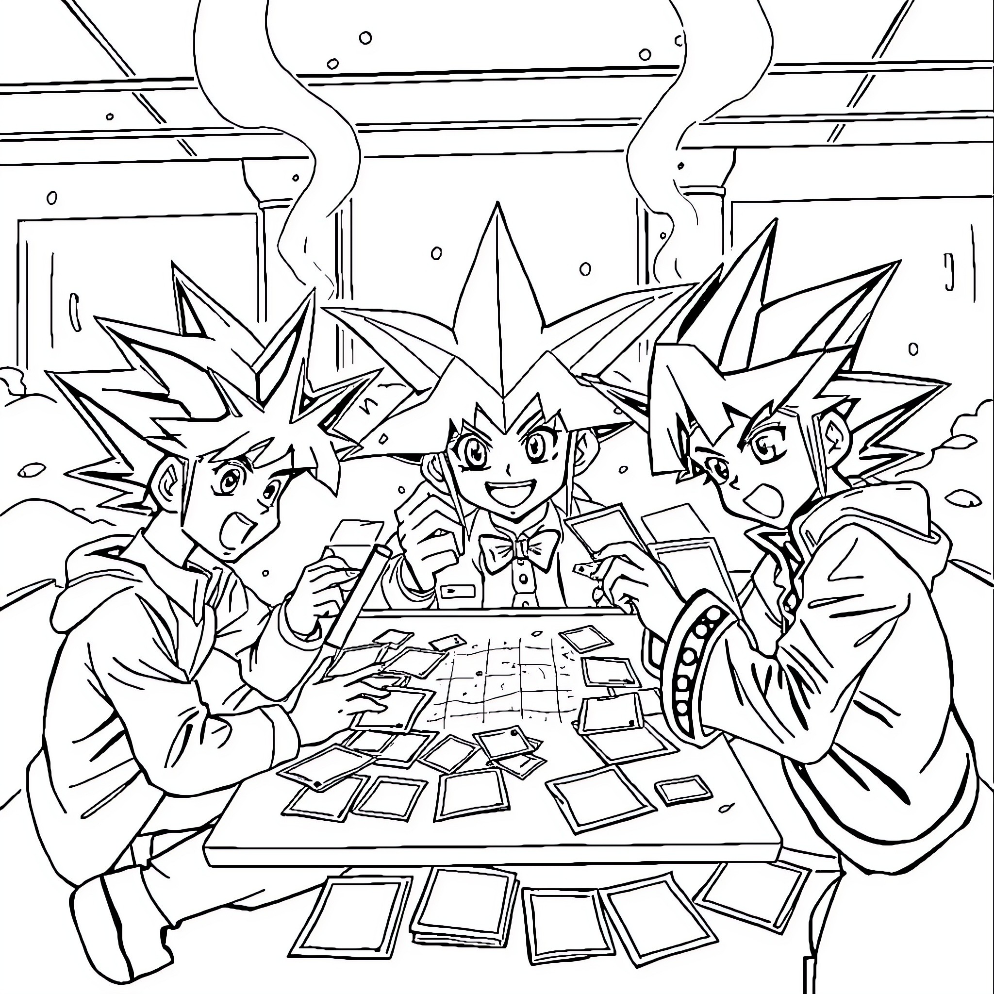 Yu-Gi-Oh Characters Playing Card Game Together Coloring Page (free black-and-white line drawing printable PDF for all, from beginners to advanced learners, including children, teens, adults, and seniors)