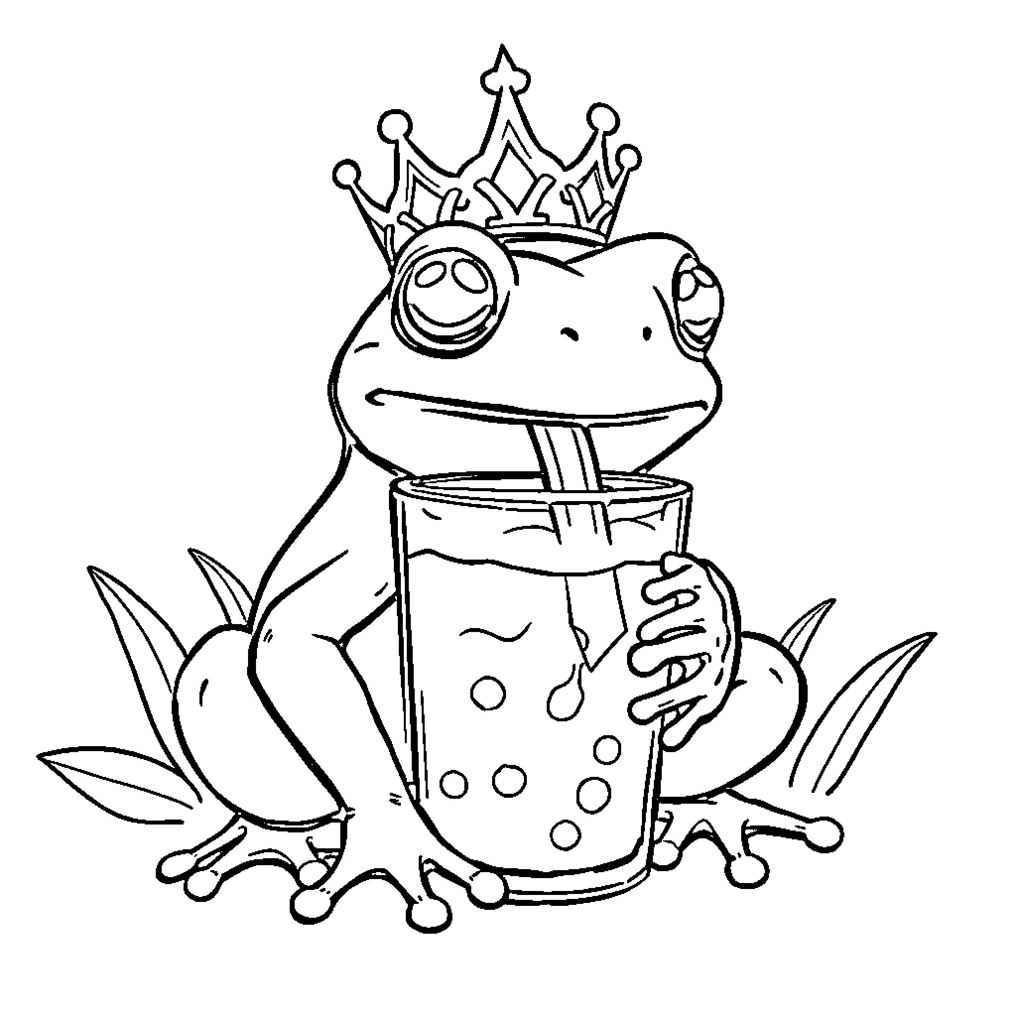 Frog with a crown drinking from a cup Coloring Page (free black-and-white line drawing printable PDF for all, from beginners to advanced learners, including children, teens, adults, and seniors)