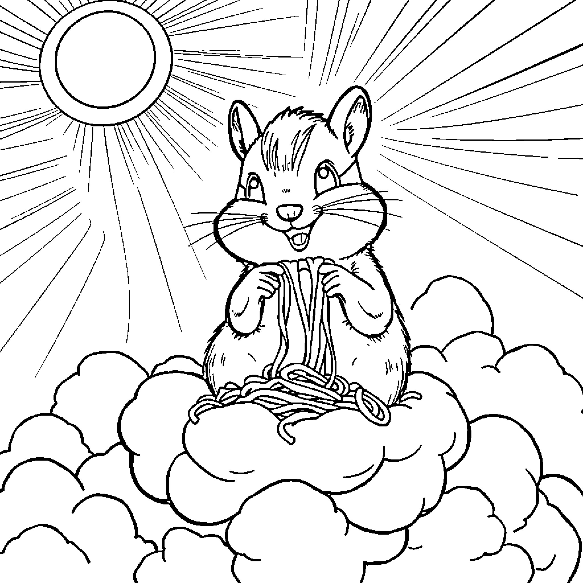 Chipmunk basking in the sun on a cloud Coloring Page (free black-and-white line drawing printable PDF for all, from beginners to advanced learners, including children, teens, adults, and seniors)