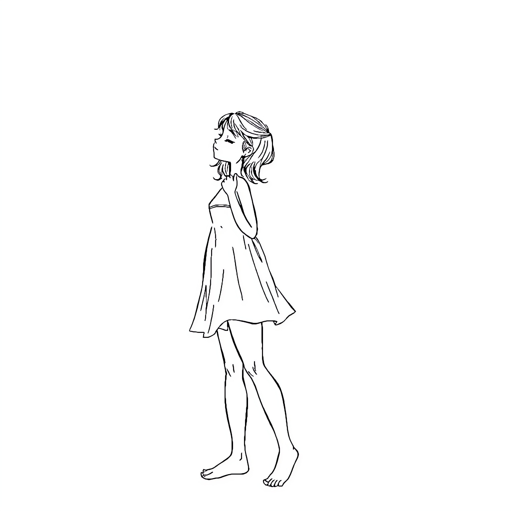 Girl in Flowing Dress Standing Thoughtfully Coloring Page (free black-and-white line drawing printable PDF for all, from beginners to advanced learners, including children, teens, adults, and seniors)