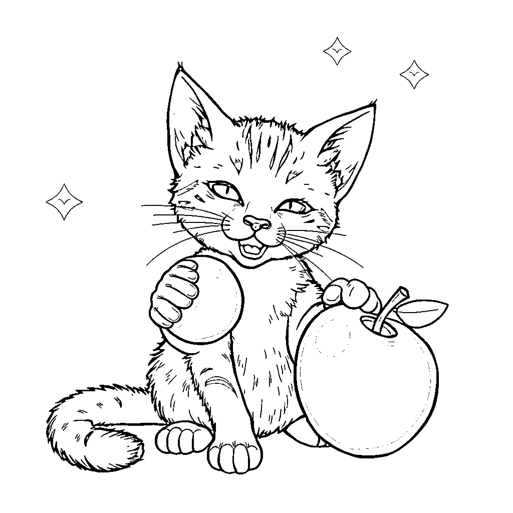 Cat playing with apple and sparkling stars Coloring Page (free black-and-white line drawing printable PDF for all, from beginners to advanced learners, including children, teens, adults, and seniors)