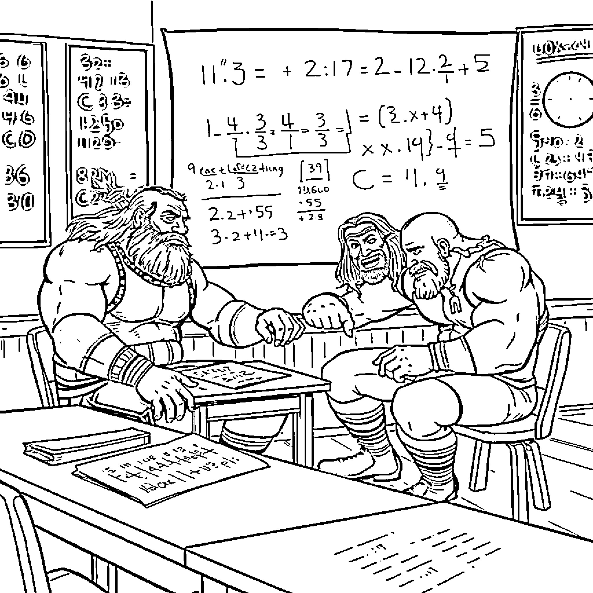 Wrestler Mathematicians Solve Complex Equations Coloring Page (free black-and-white line drawing printable PDF for all, from beginners to advanced learners, including children, teens, adults, and seniors)