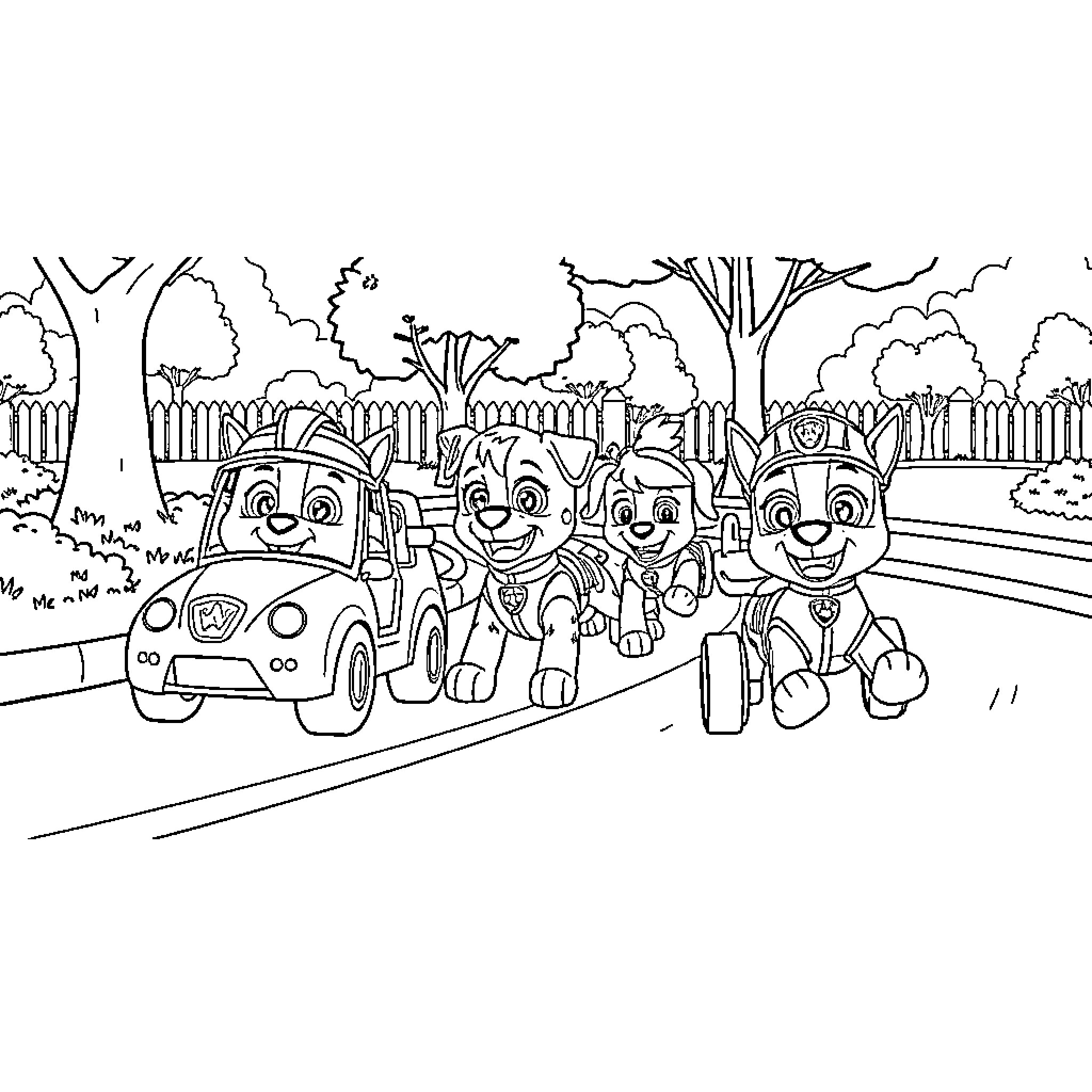 Car characters playing and exploring in the outdoors Coloring Page (free black-and-white line drawing printable PDF for all, from beginners to advanced learners, including children, teens, adults, and seniors)