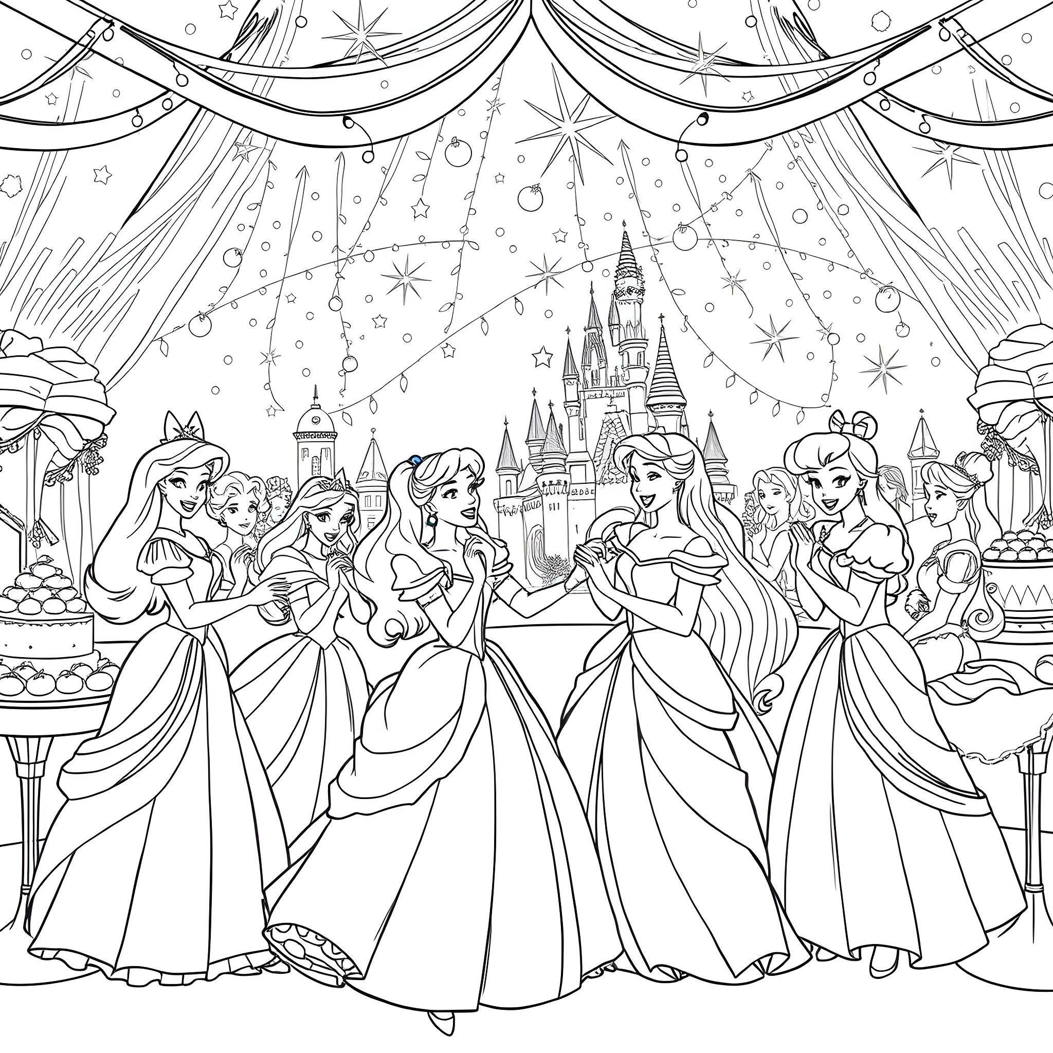 Princess in a magical castle party Coloring Page (free black-and-white line drawing printable PDF for all, from beginners to advanced learners, including children, teens, adults, and seniors)