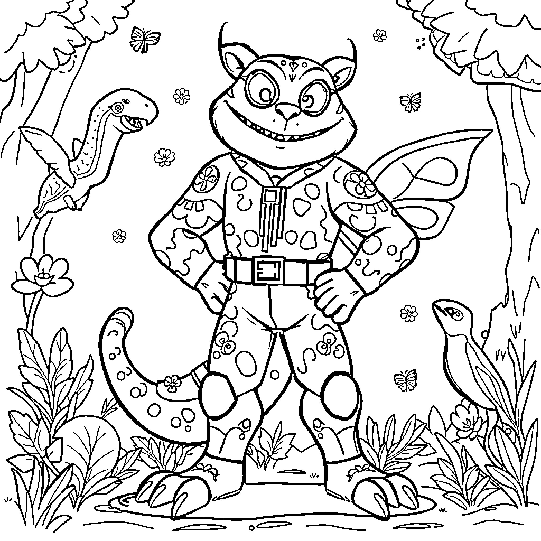 Kratts exploring the forest with butterflies and wildlife Coloring Page (free black-and-white line drawing printable PDF for all, from beginners to advanced learners, including children, teens, adults, and seniors)