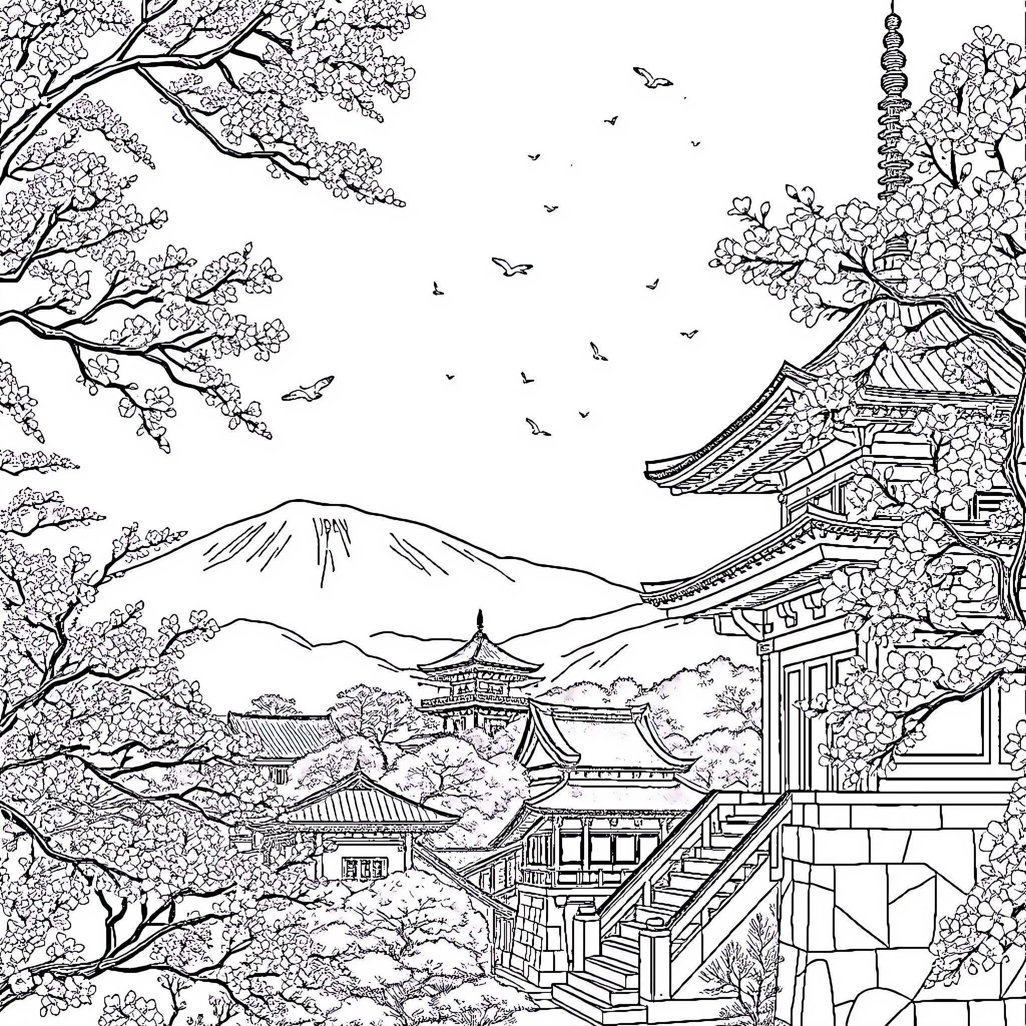 Japan Scenic Landscape with Traditional Pagoda and Mount Fuji Coloring Page (free black-and-white line drawing printable PDF for all, from beginners to advanced learners, including children, teens, adults, and seniors)