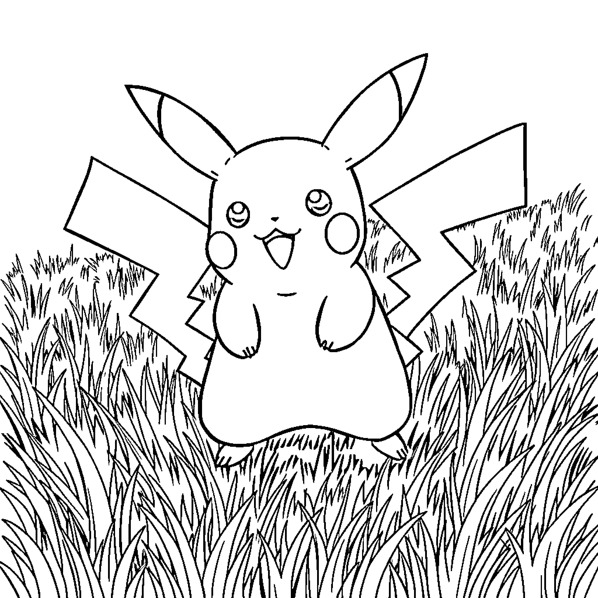 Pikachu cheerfully standing in the tall grass Coloring Page (free black-and-white line drawing printable PDF for all, from beginners to advanced learners, including children, teens, adults, and seniors)