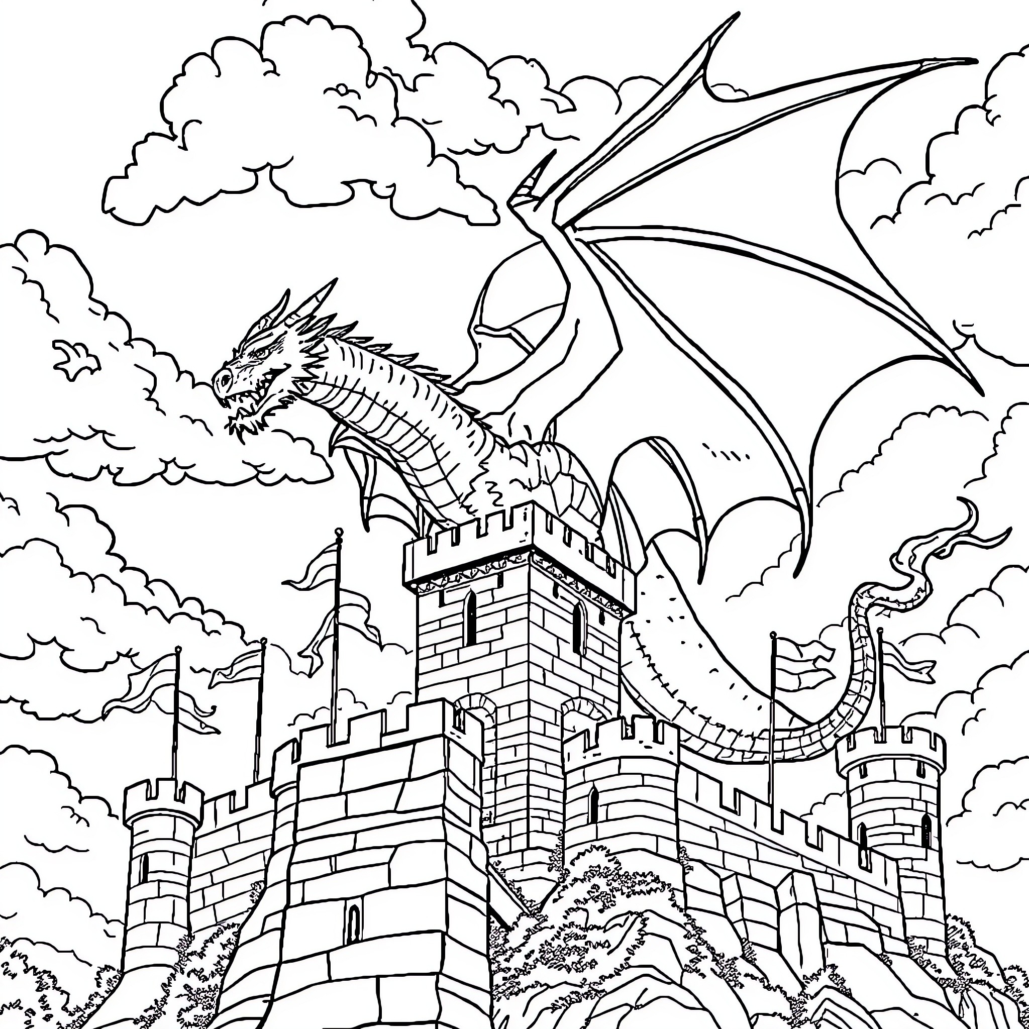 Dragon soaring over a medieval castle Coloring Page (free black-and-white line drawing printable PDF for all, from beginners to advanced learners, including children, teens, adults, and seniors)