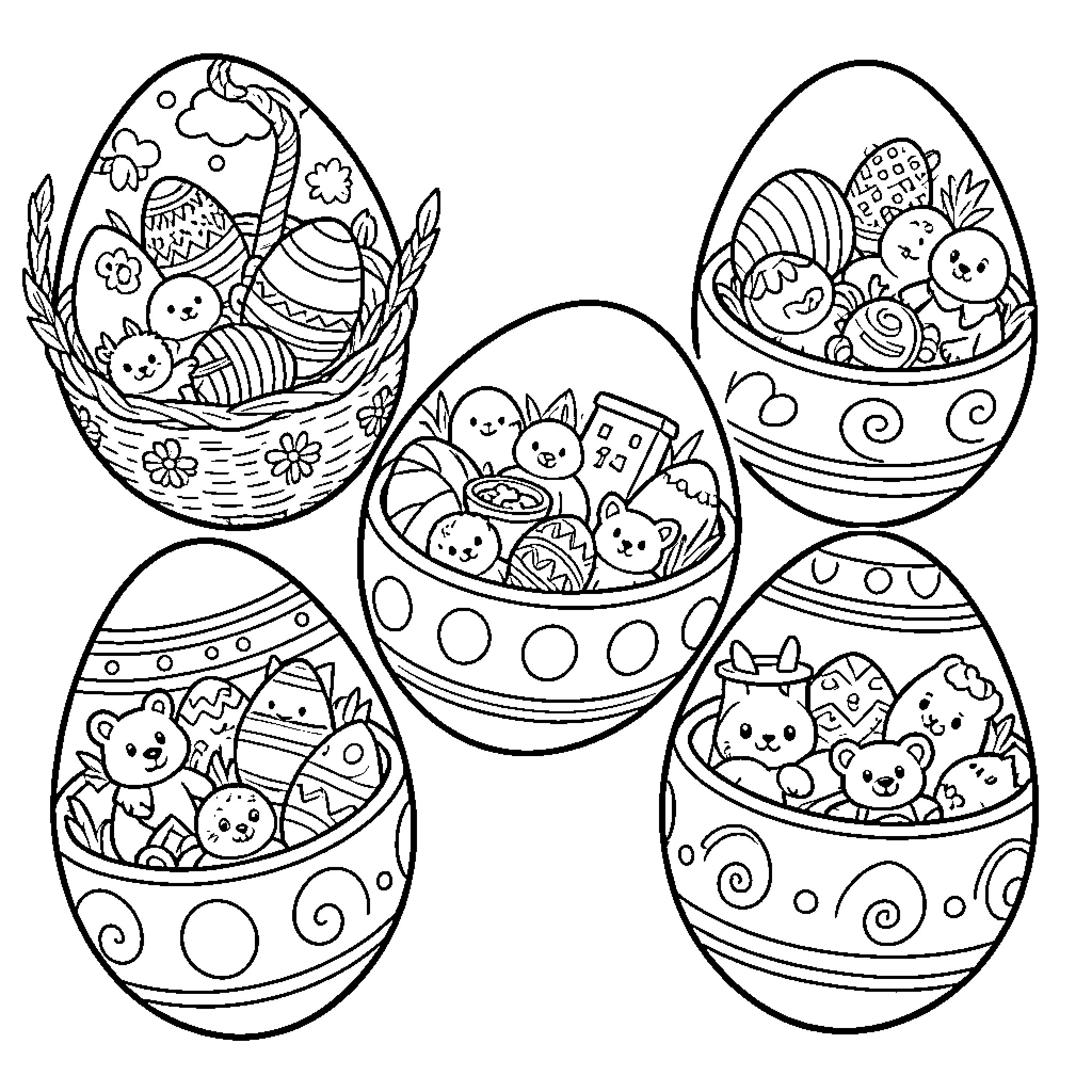 Easter Egg Decorations with Cute Cartoon Characters Coloring Page (free black-and-white line drawing printable PDF for all, from beginners to advanced learners, including children, teens, adults, and seniors)
