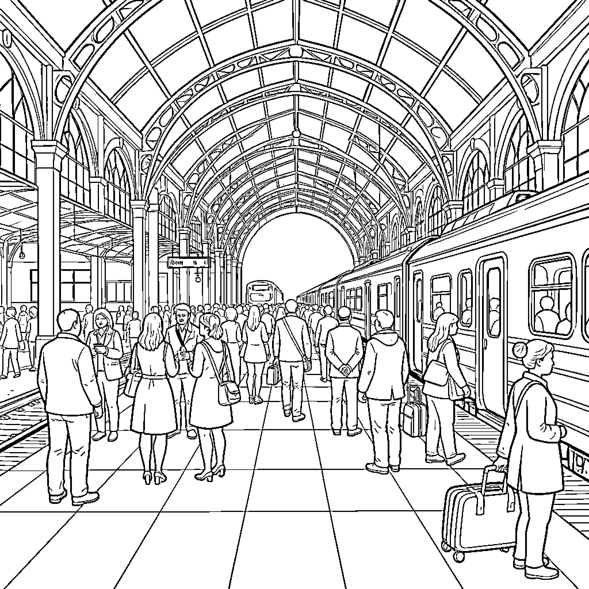 Train Station with many commuters walking on the platform Coloring Page (free black-and-white line drawing printable PDF for all, from beginners to advanced learners, including children, teens, adults, and seniors)
