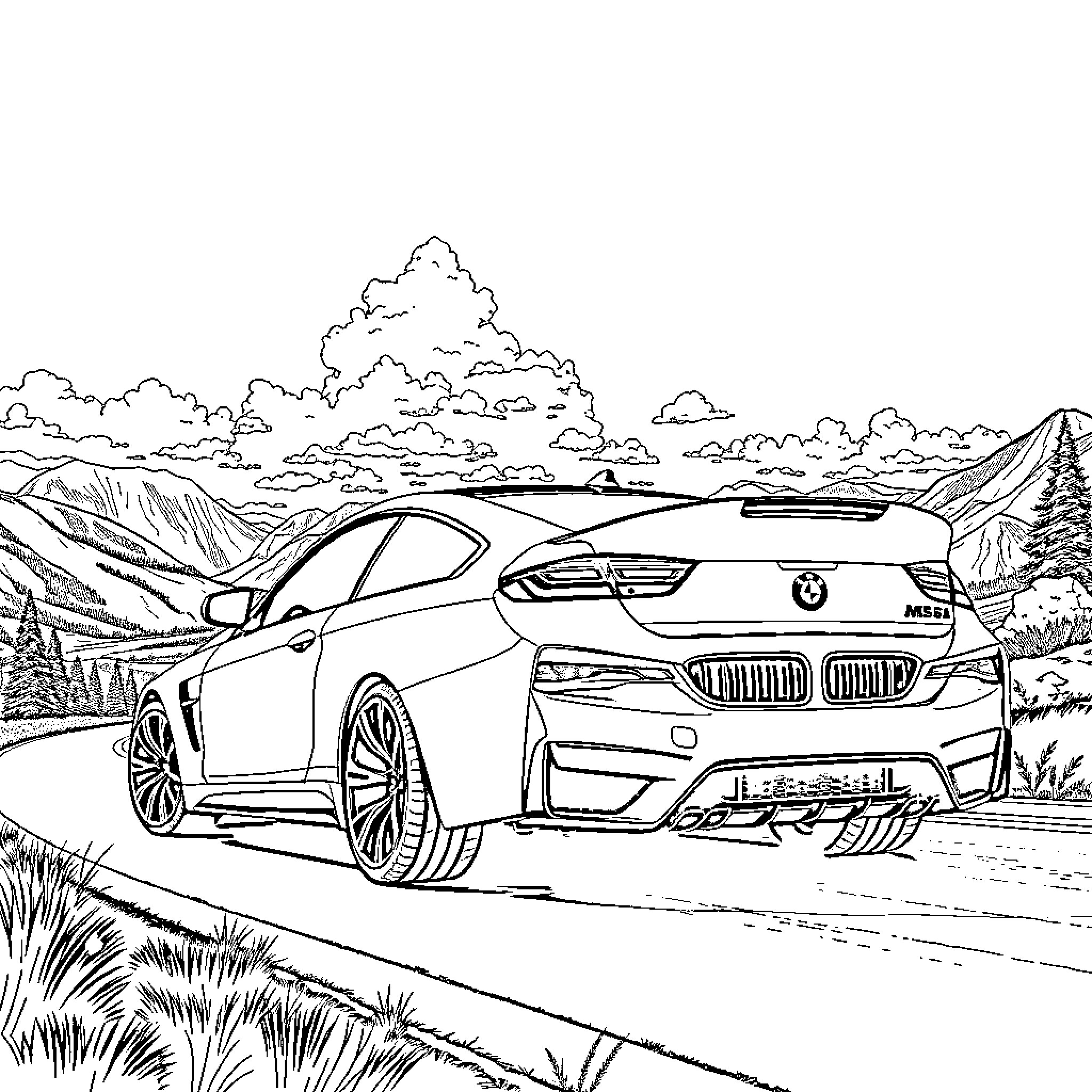BMW sports car in rugged mountain landscape Coloring Page (free black-and-white line drawing printable PDF for all, from beginners to advanced learners, including children, teens, adults, and seniors)