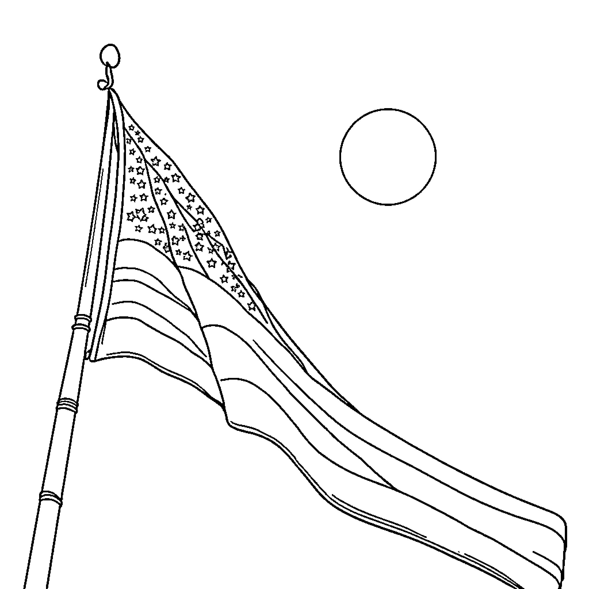 American Flag waving in the wind Coloring Page (free black-and-white line drawing printable PDF for all, from beginners to advanced learners, including children, teens, adults, and seniors)