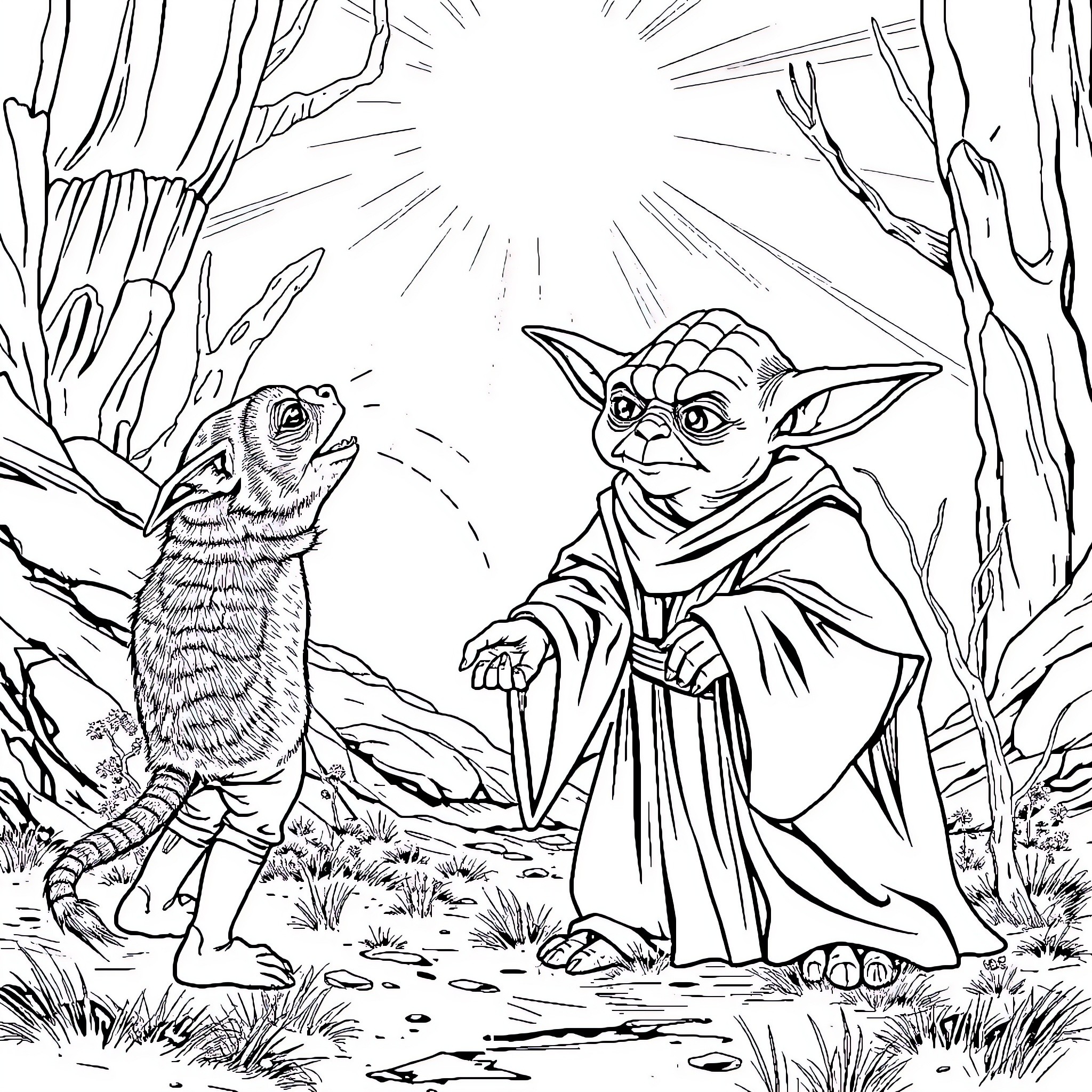 Yoda interacting with small alien creature in the forest Coloring Page (free black-and-white line drawing printable PDF for all, from beginners to advanced learners, including children, teens, adults, and seniors)