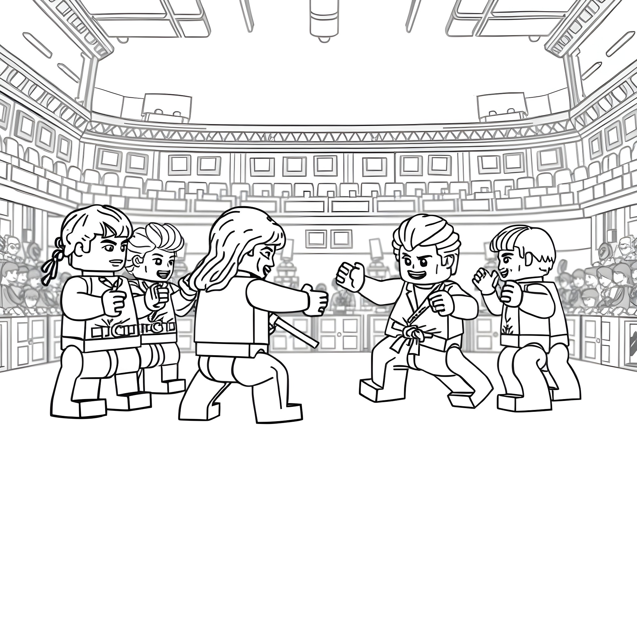 Lego Characters Performing on Stage Coloring Page (free black-and-white line drawing printable PDF for all, from beginners to advanced learners, including children, teens, adults, and seniors)