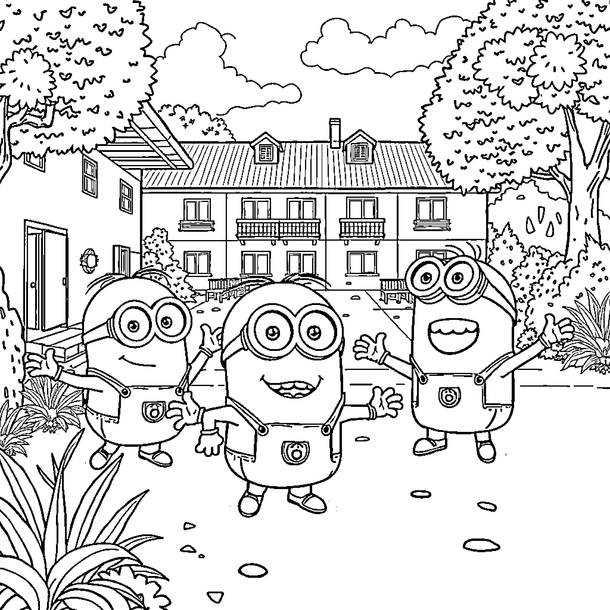 Minions Exploring the Neighborhood Coloring Page (free black-and-white line drawing printable PDF for all, from beginners to advanced learners, including children, teens, adults, and seniors)