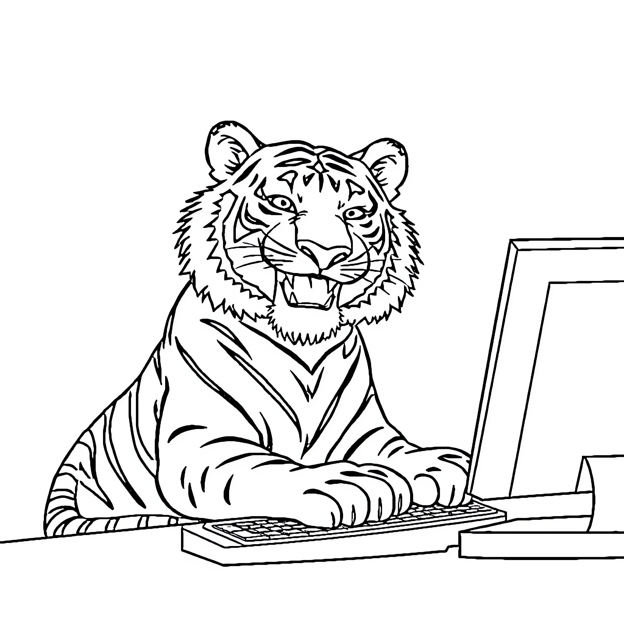 Tiger working diligently on a computer Coloring Page (free black-and-white line drawing printable PDF for all, from beginners to advanced learners, including children, teens, adults, and seniors)