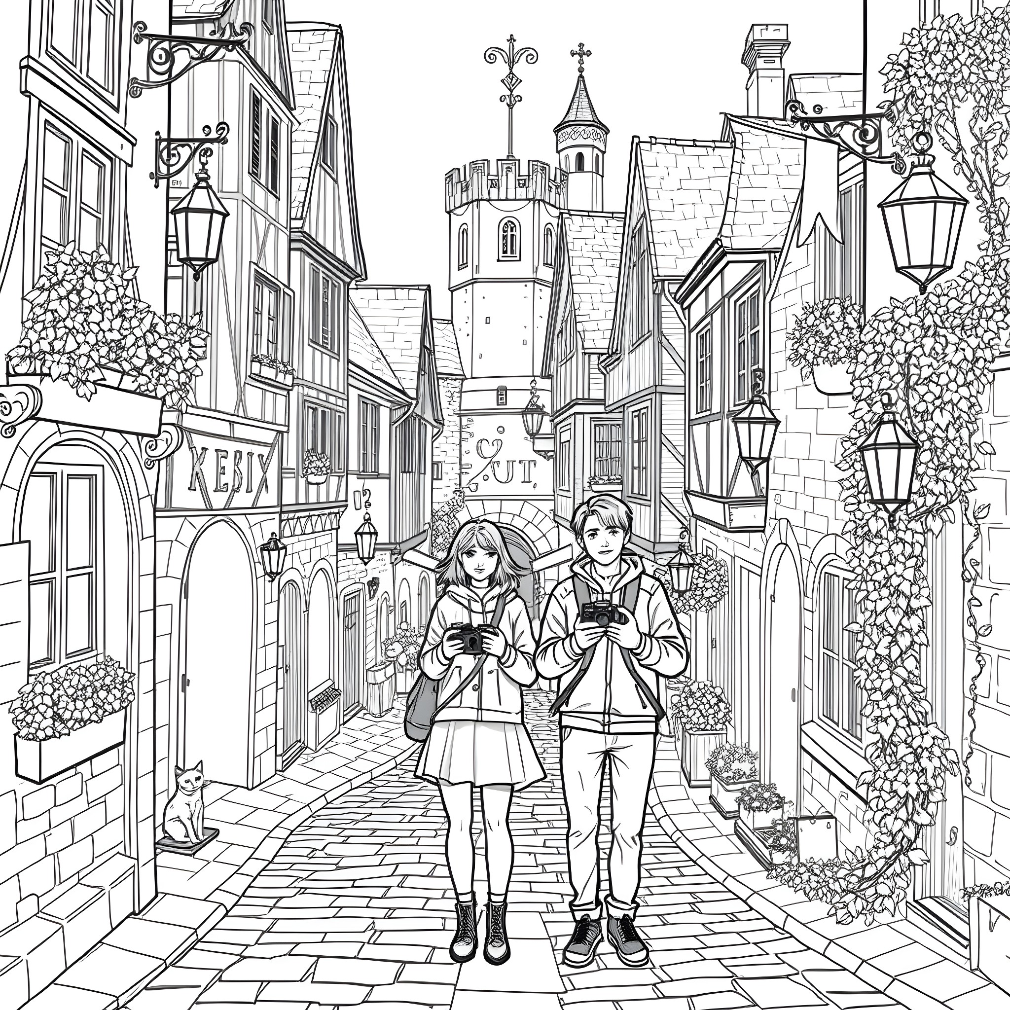 Couple enjoying a stroll in a medieval town Coloring Page (free black-and-white line drawing printable PDF for all, from beginners to advanced learners, including children, teens, adults, and seniors)