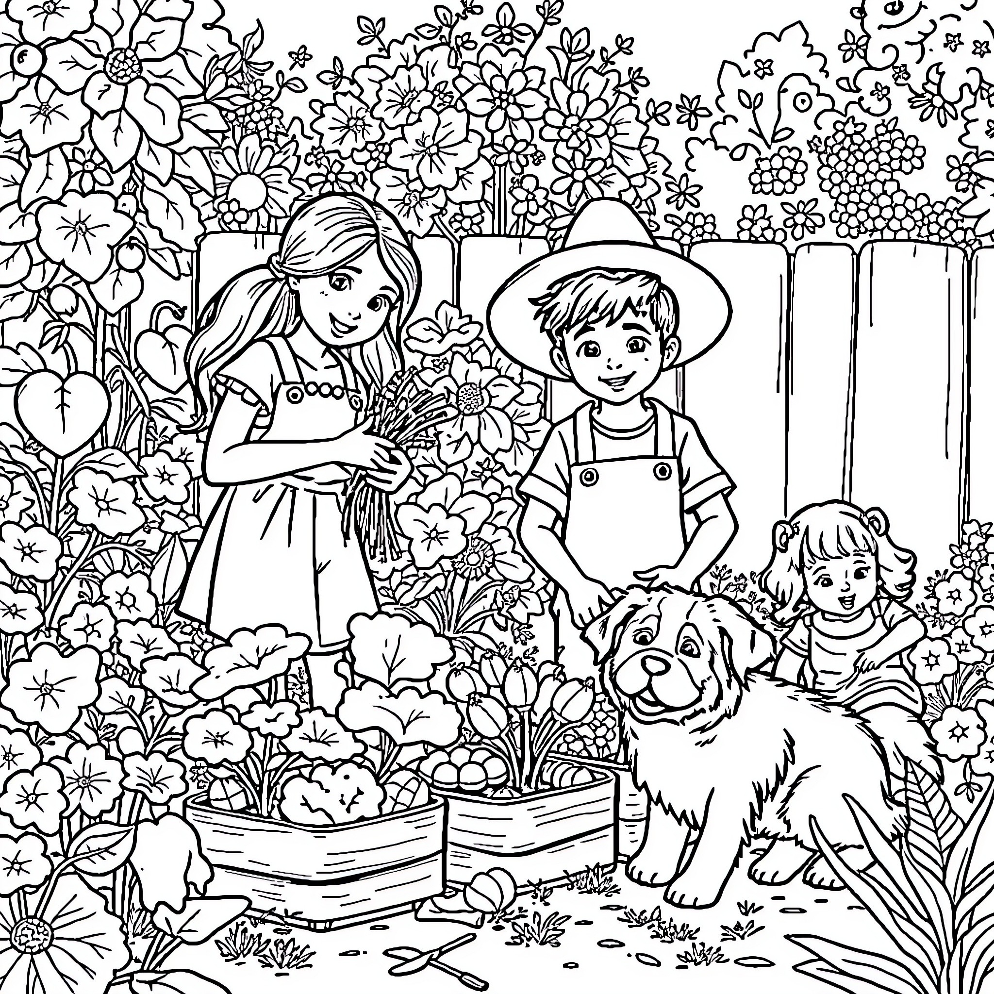 Girl and Boy in Flower Garden with Pet Coloring Page (free black-and-white line drawing printable PDF for all, from beginners to advanced learners, including children, teens, adults, and seniors)