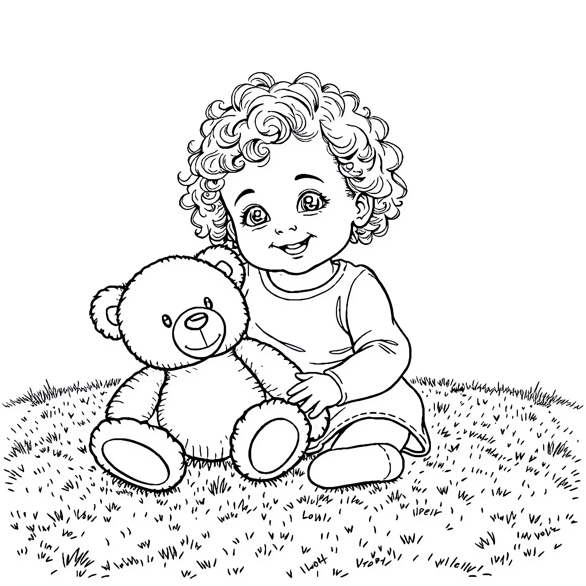 Girl playing joyfully with plush toy in grassy field Coloring Page (free black-and-white line drawing printable PDF for all, from beginners to advanced learners, including children, teens, adults, and seniors)