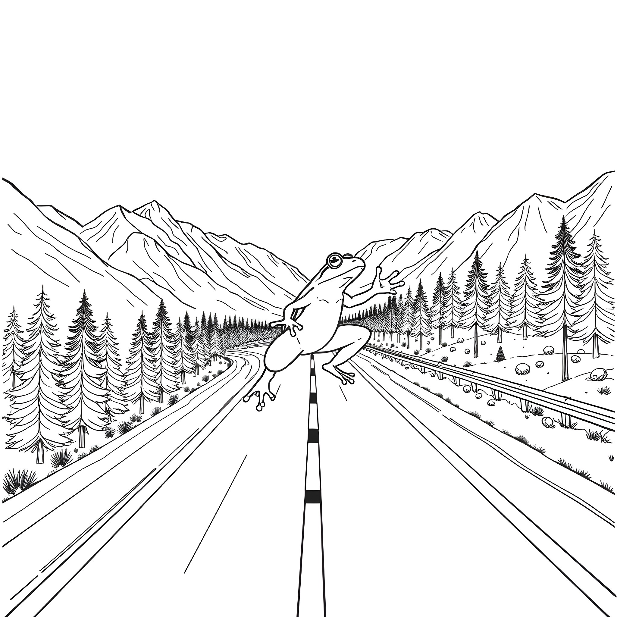 Frog hopping across a mountain road Coloring Page (free black-and-white line drawing printable PDF for all, from beginners to advanced learners, including children, teens, adults, and seniors)