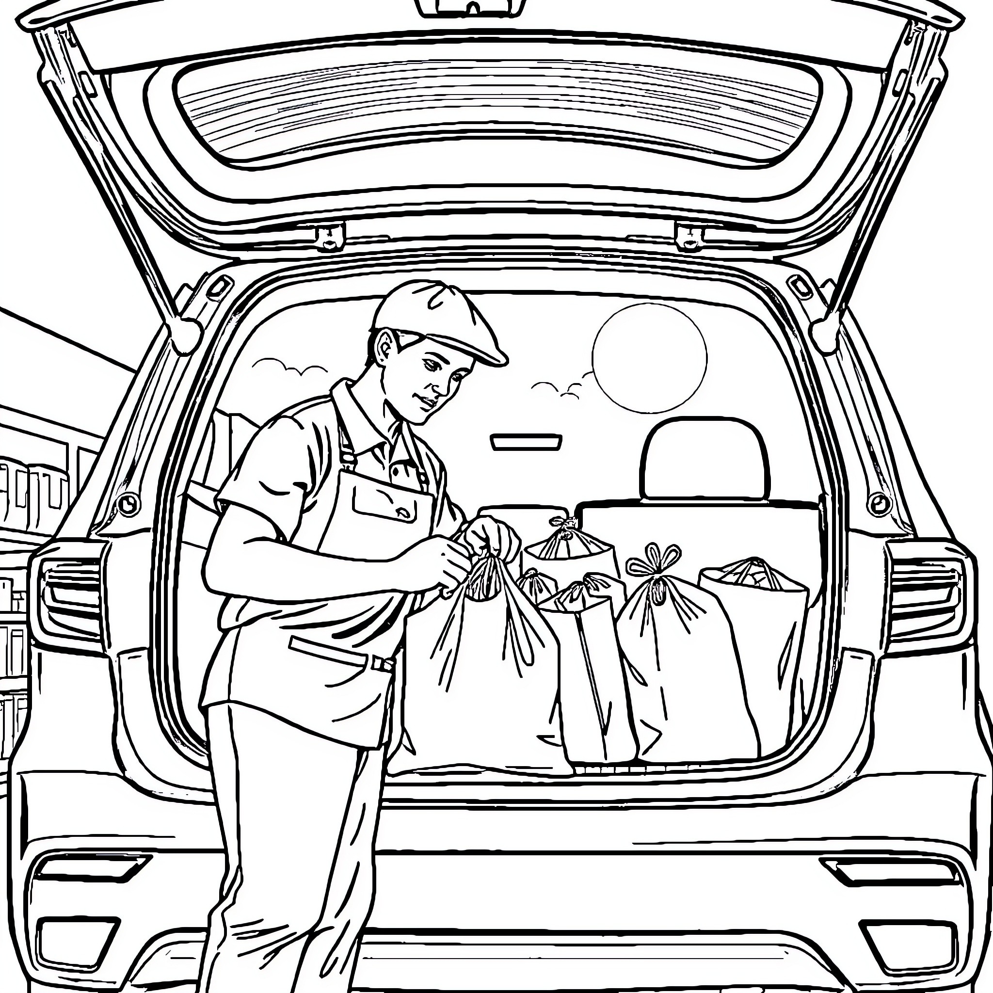 Employee Loading Cargo into Vehicle's Trunk Coloring Page (free black-and-white line drawing printable PDF for all, from beginners to advanced learners, including children, teens, adults, and seniors)