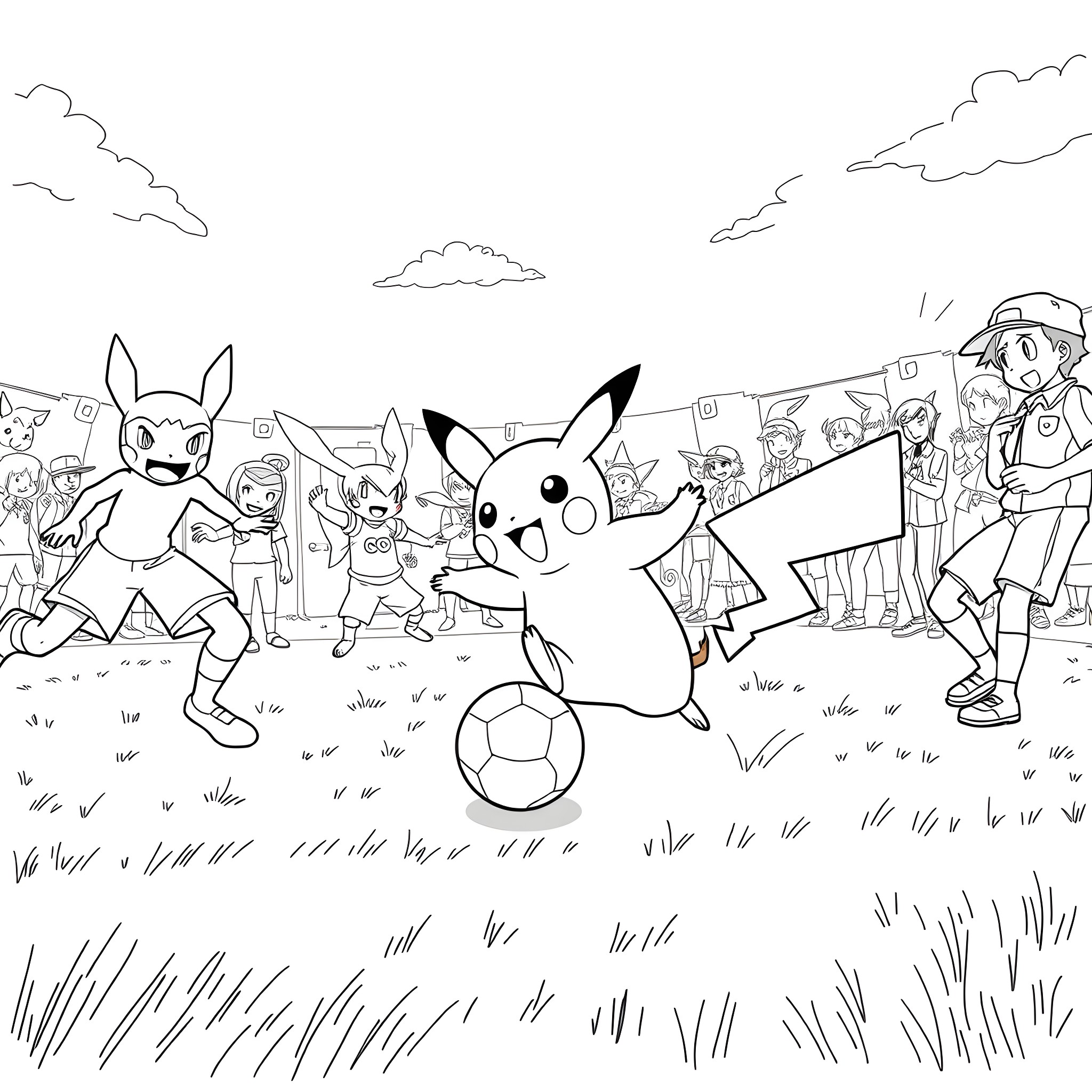 Pokémon characters playing soccer in a grassy field Coloring Page (free black-and-white line drawing printable PDF for all, from beginners to advanced learners, including children, teens, adults, and seniors)